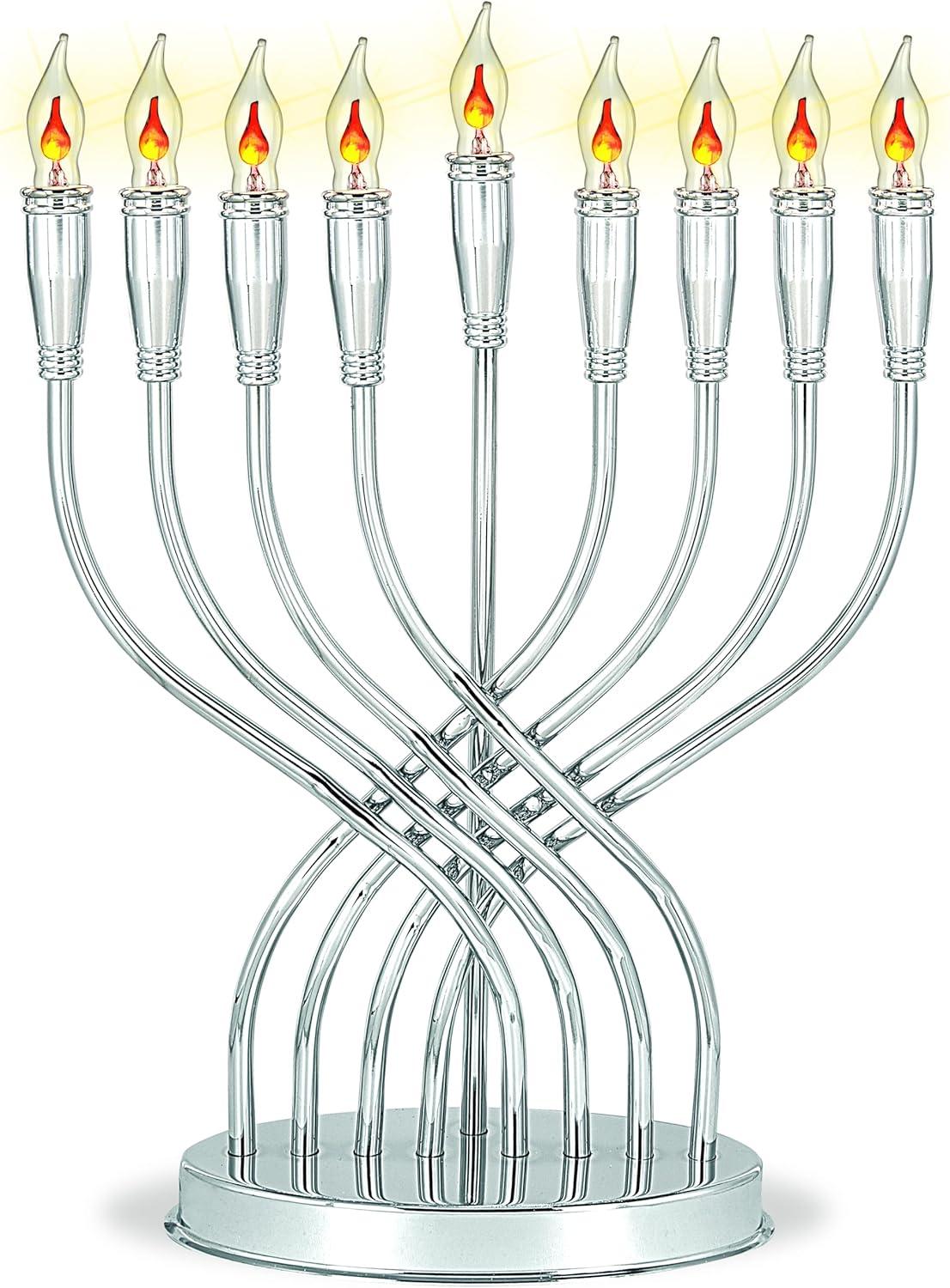 Silver Plated Electric Menorah with Flickering Bulbs