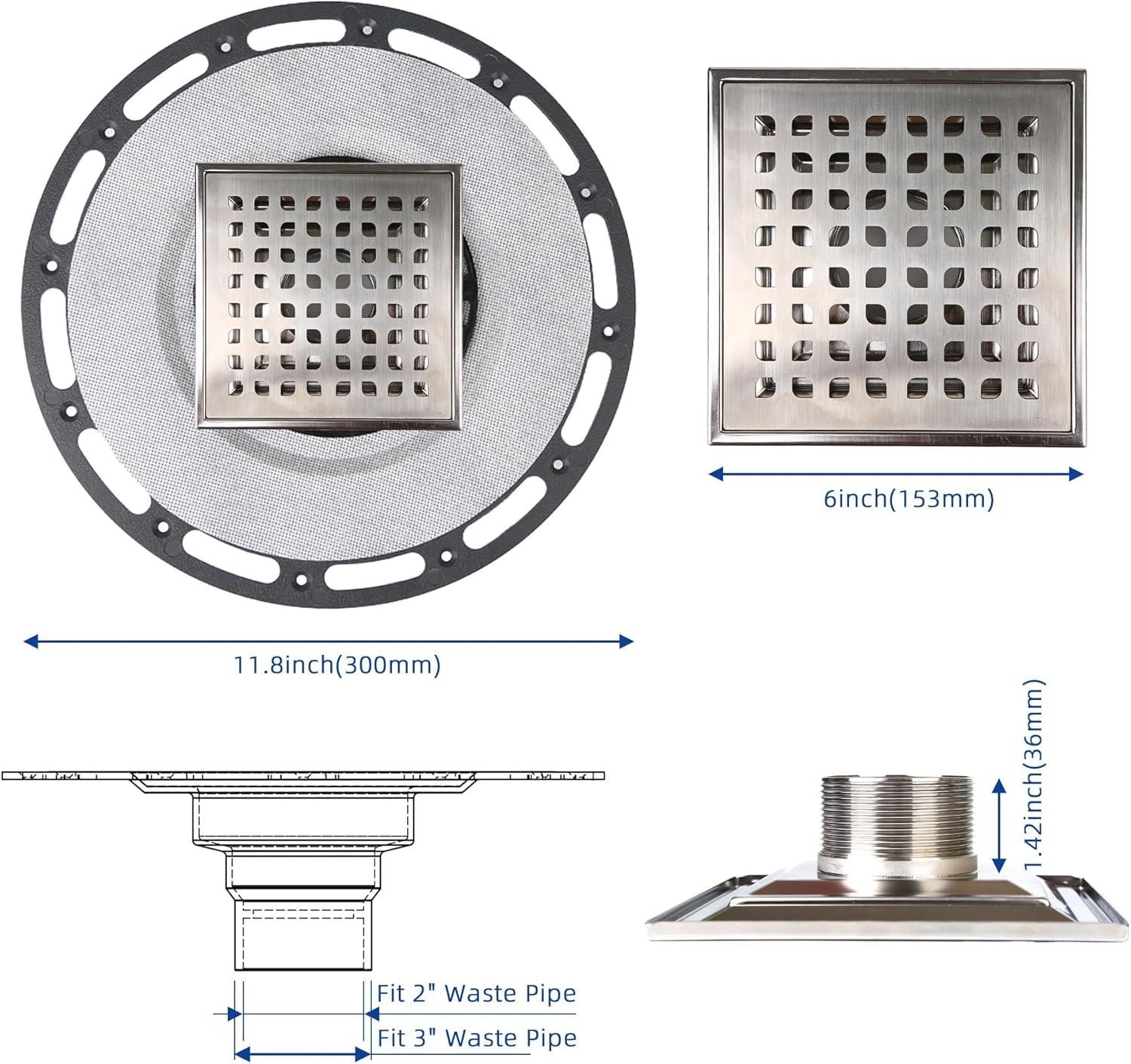 6" Square Brushed Stainless Steel Shower Drain with PVC Flange