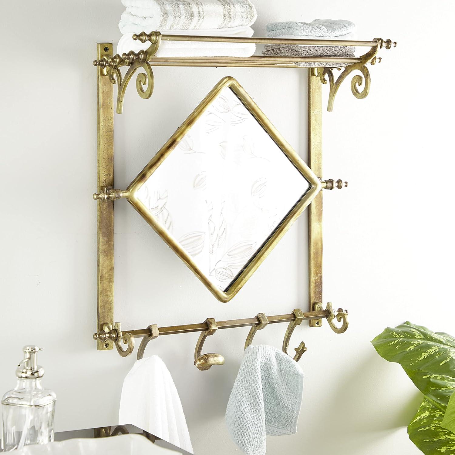 Vintage Brass and Brown Wood 25" Wall Rack with Diamond Mirror and Hooks