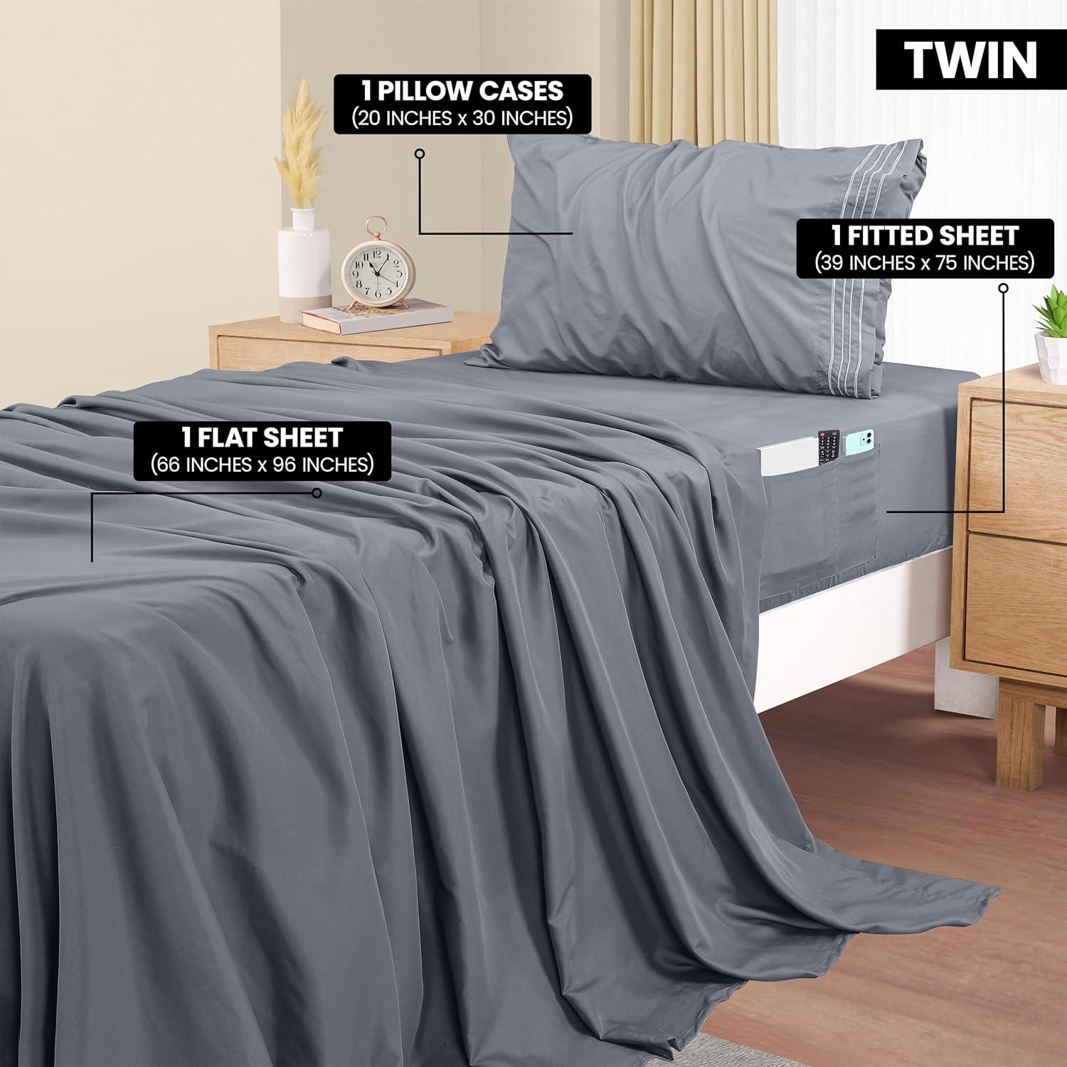 Gray Twin Microfiber Deep Pocket Sheet Set with Side Storage