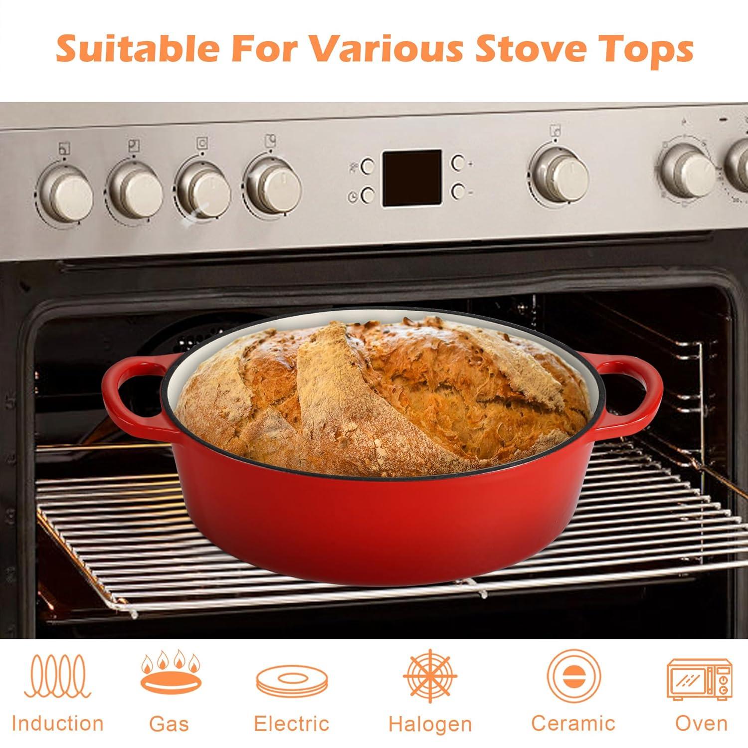 TeamFar 7QT Oval Dutch Oven, Enameled Cast Iron Dutch Oven Pot with Lid, For Bread Baking/Stewing/Braising/Frying, Suitable for Various Stoves, Non-stick & Easy Clean, Red