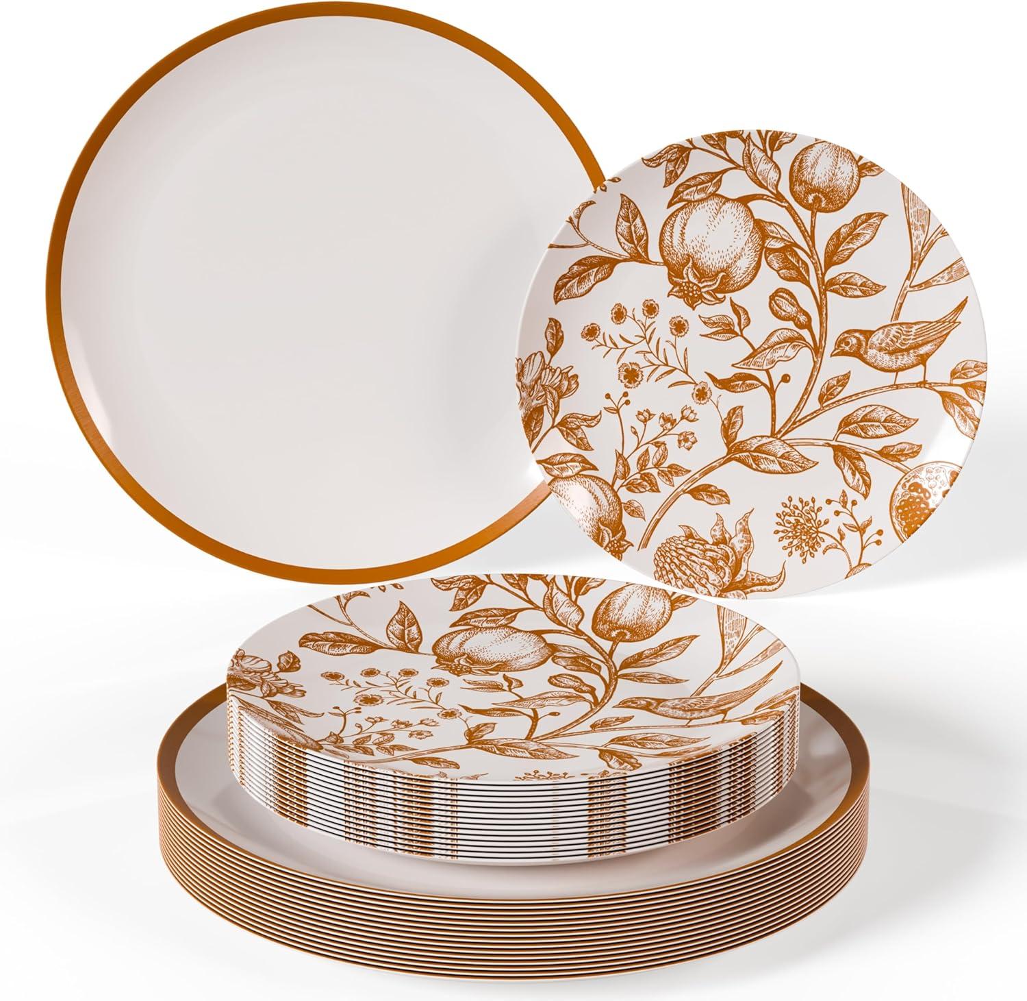 Trendables Plastic Disposable Plate Set 40 x 8" and 40 x 10" Brown and White Thanksgiving Plate with Pomegranate Design