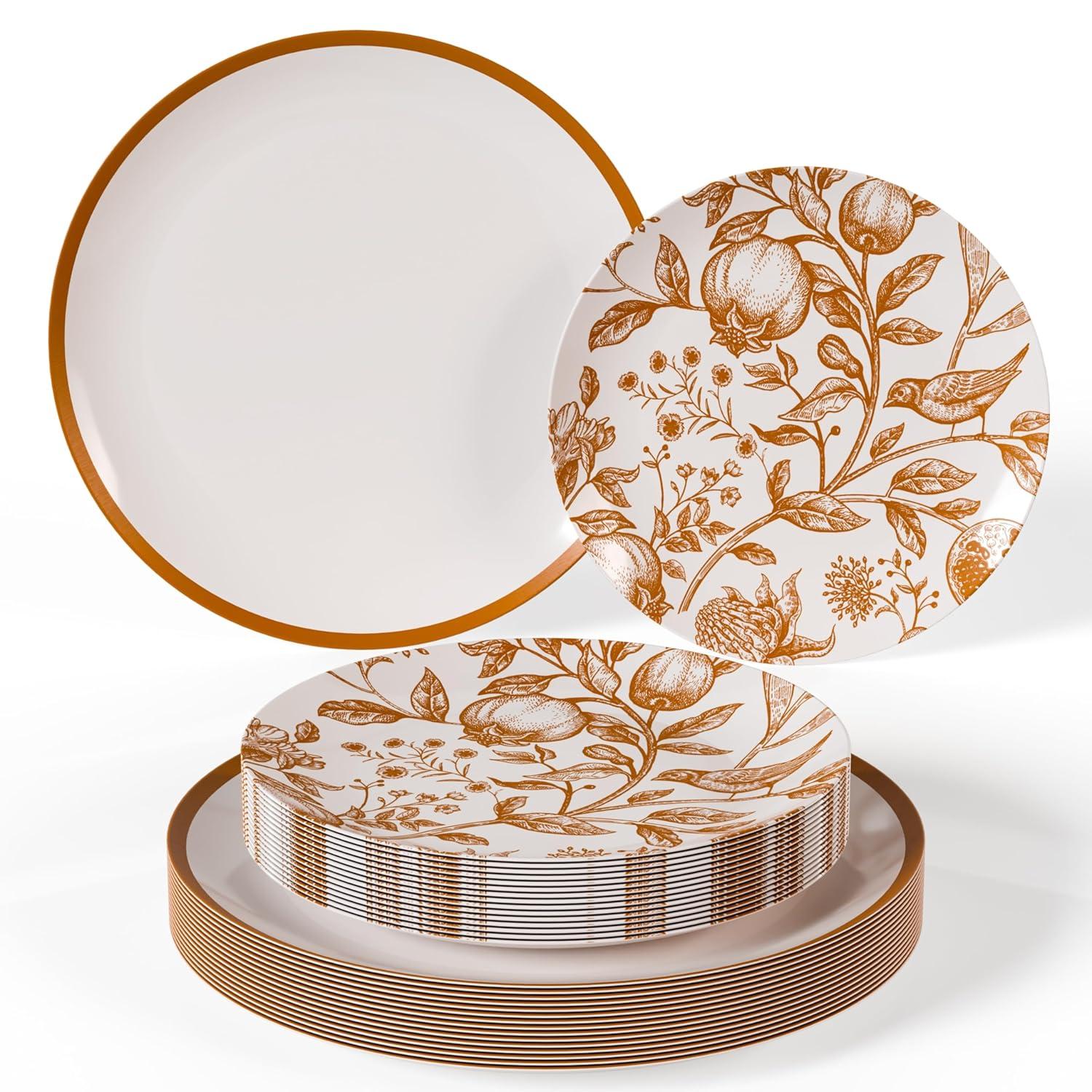 Trendables Plastic Disposable Plate Set 40 x 8" and 40 x 10" Brown and White Thanksgiving Plate with Pomegranate Design