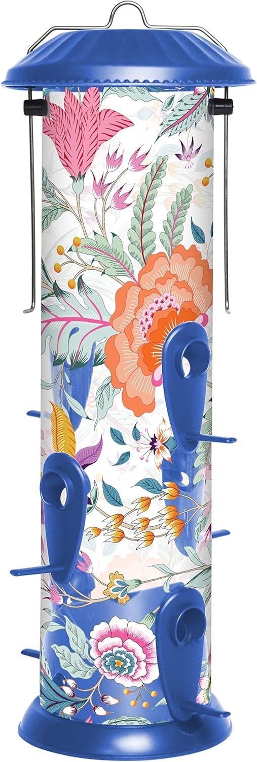 Floral Pattern Blue Plastic Hanging Bird Feeder