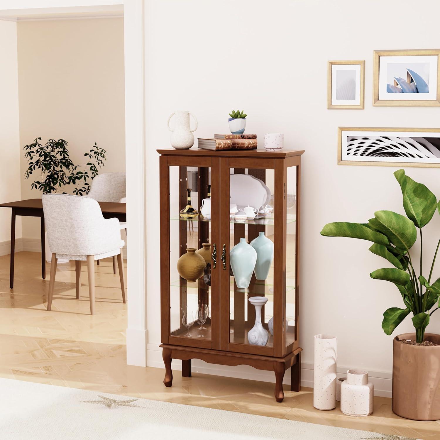 Walnut Lighted Curio Cabinet with Tempered Glass Doors