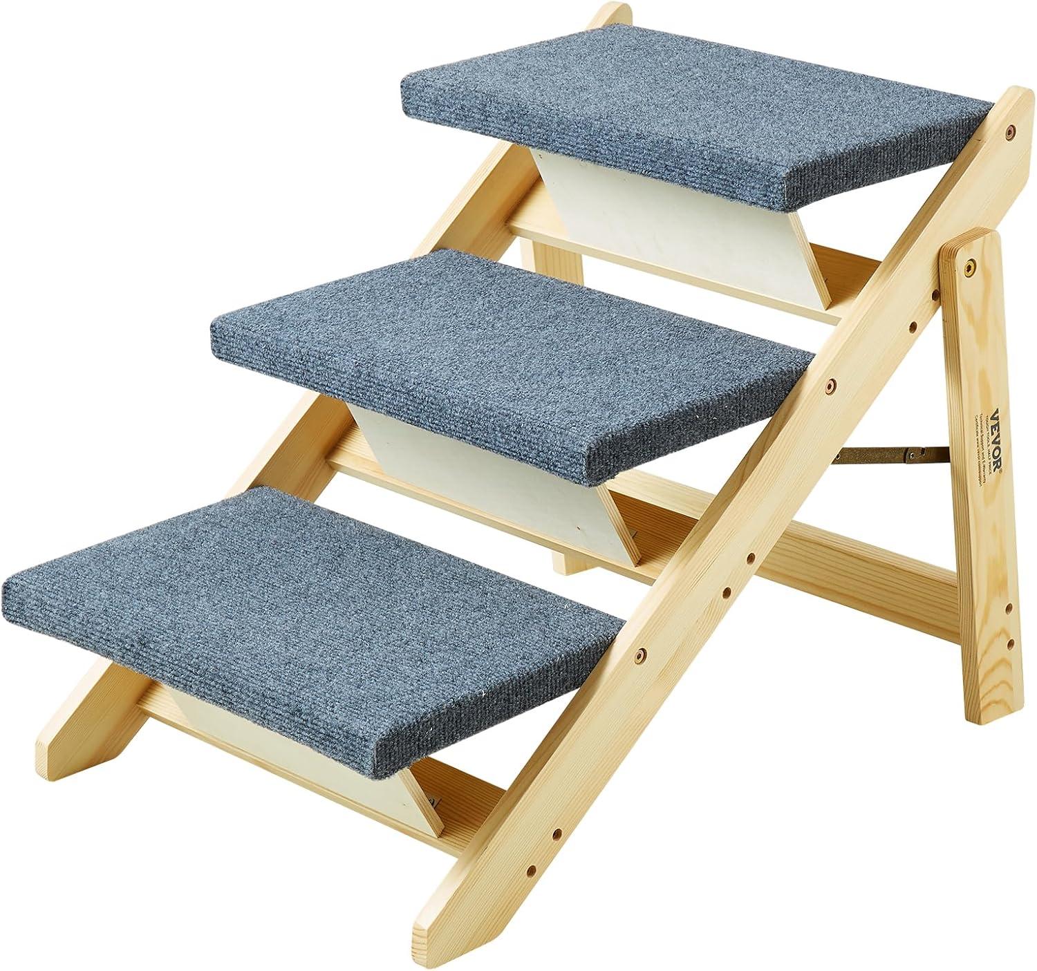 VEVOR Wood Pet Stairs/Pet Steps, 2-in-1 Foldable Wooden Dog Stair for Beds, Sofa and Cars, Dog Stairs  Ramp with 3 Steps for Small Medium Large Pet, up to 150 lbs