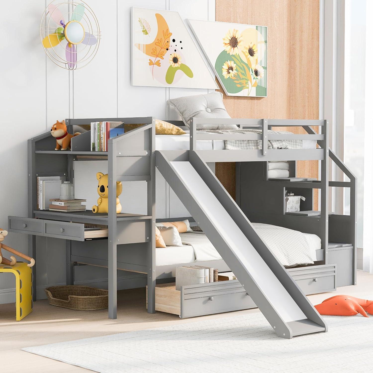 Bellemave Bunk Bed with Desk, Stairs and Slide, Wood Twin Over Twin Bunk Beds with Storage Shelves, Drawers for Kids Teens Girls Boys (Grey)
