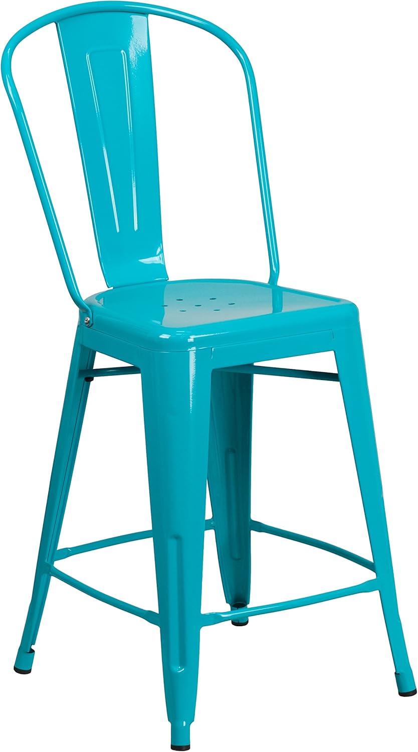 Emma and Oliver Commercial Grade 24"H Teal-Blue Metal Indoor-Outdoor Counter Stool w/ Back