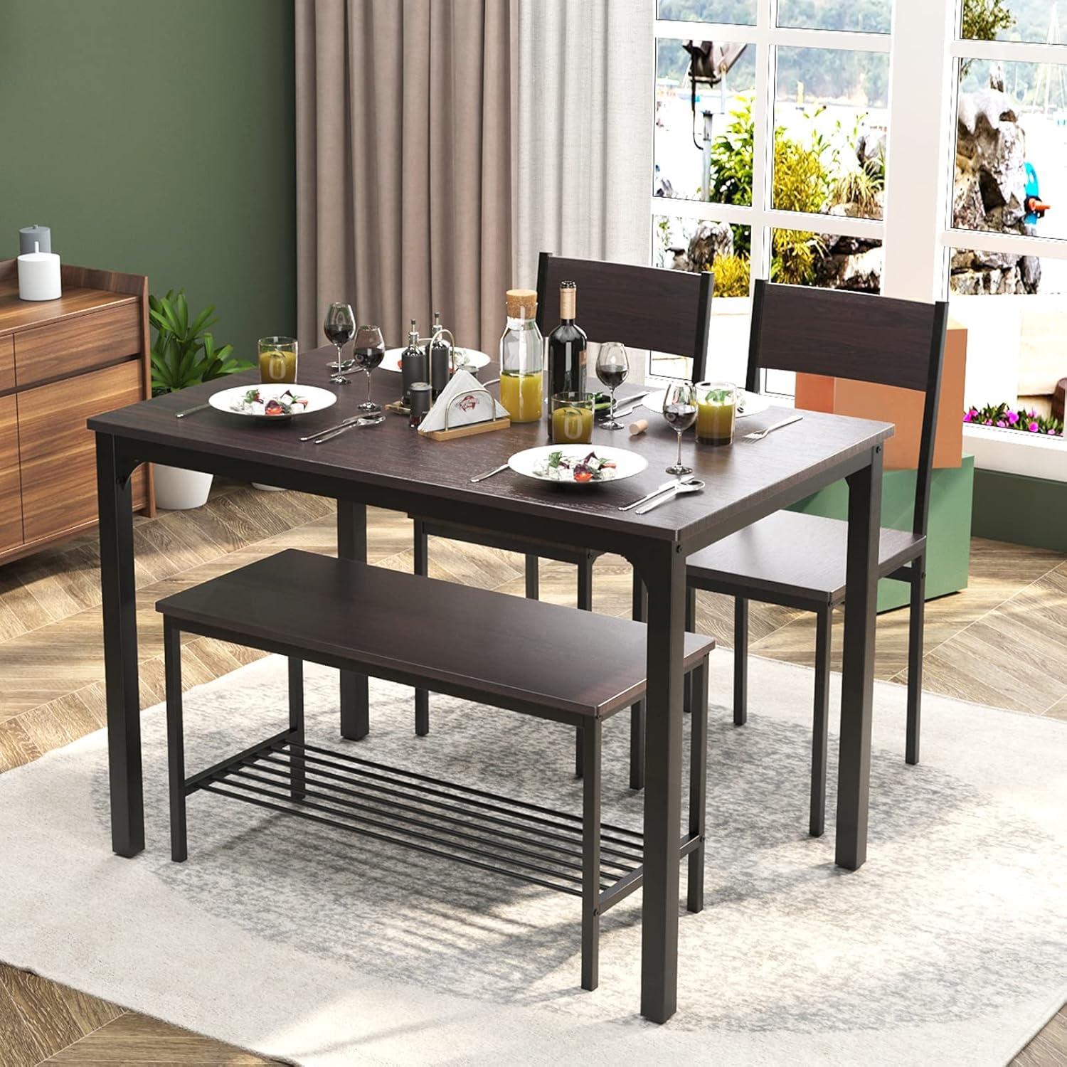 Rustic Oak Rectangular Bistro Table Set with Bench and 2 Chairs