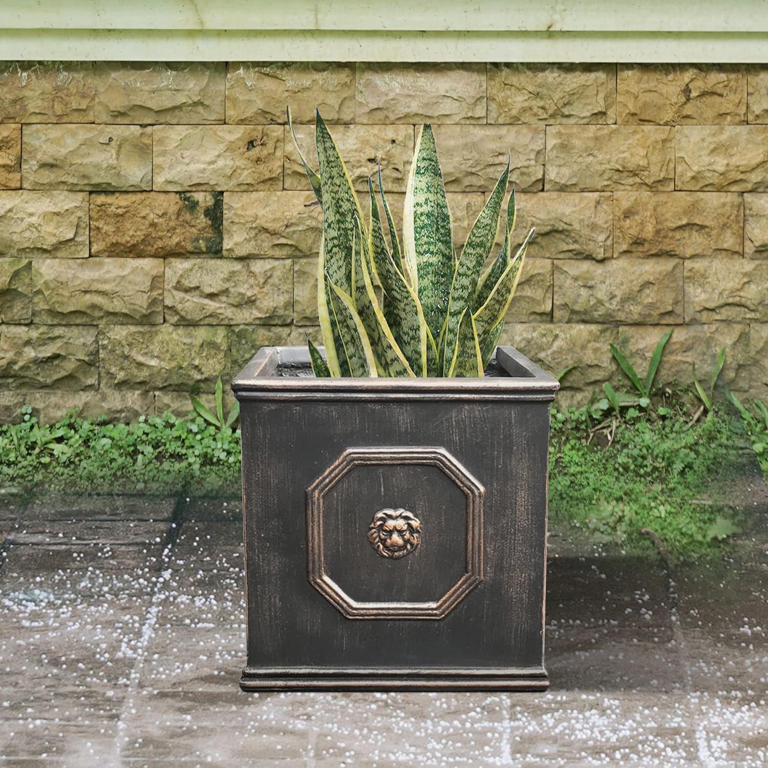 Rosemead Home & Garden, Inc. 13" Wide Kante Lightweight Classic Square English Style Lion Head Concrete Outdoor Planter Pot Oil Rubbed Bronze