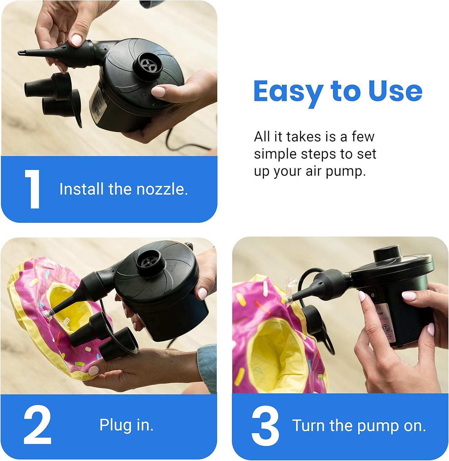 Etekcity Electric Air Pump Air Mattress Portable Pump for Inflatables Couch, Pool Floats, Blow up Pool Raft Bed Boat Toy, Quick-Fill AC Inflator Deflator with Nozzles, 110-120 Volt, Black
