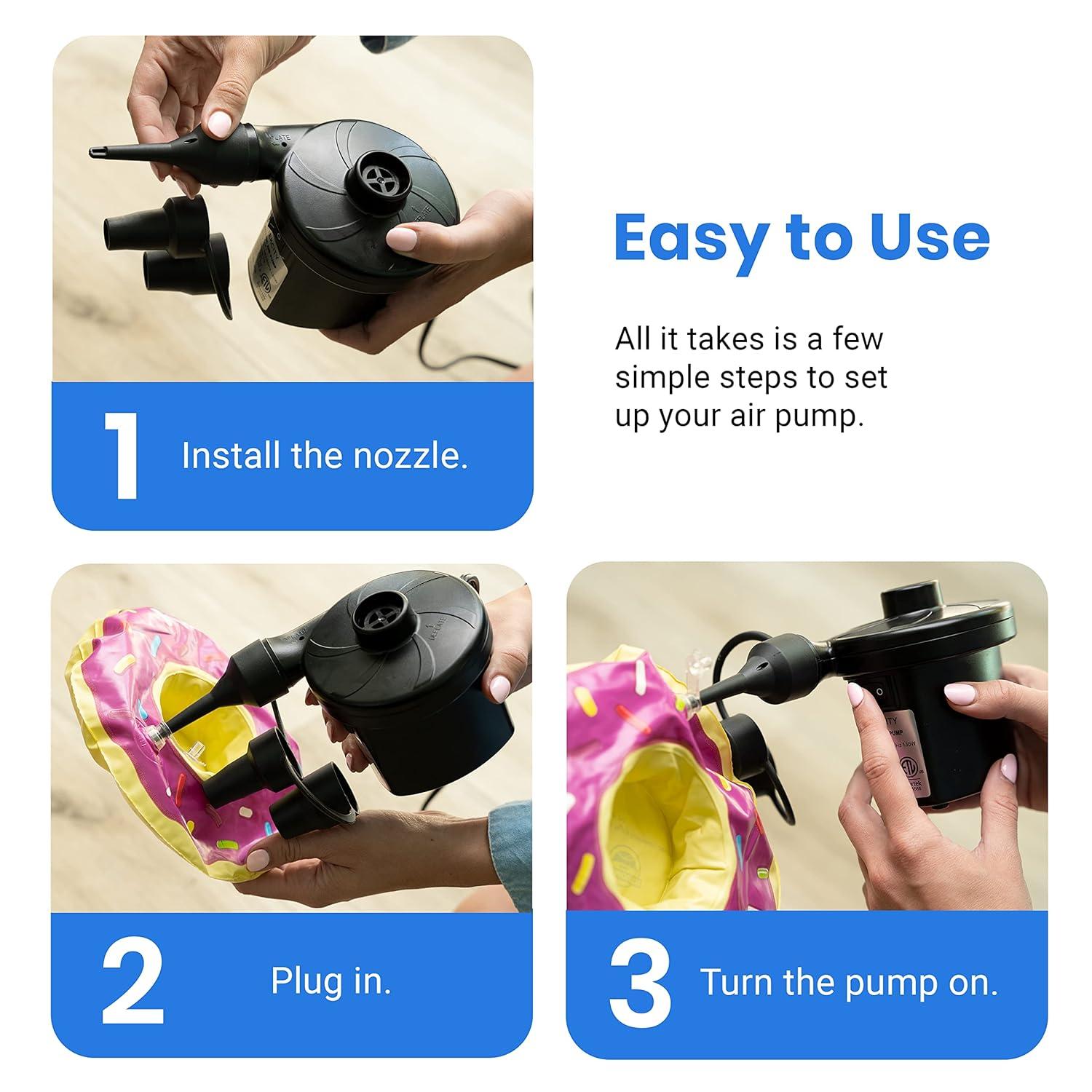Etekcity Electric Air Pump Air Mattress Portable Pump for Inflatables Couch, Pool Floats, Blow up Pool Raft Bed Boat Toy, Quick-Fill AC Inflator Deflator with Nozzles, 110-120 Volt, Black