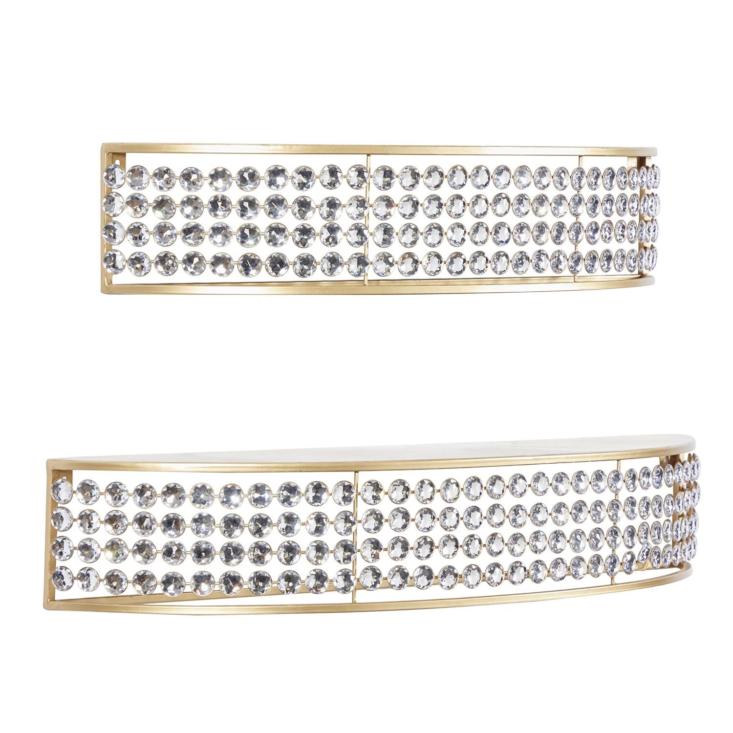 DecMode 5", 5"H Half-Moon 2-Tier Gold Wall Shelf with Crystal Embellishments (2 Count)