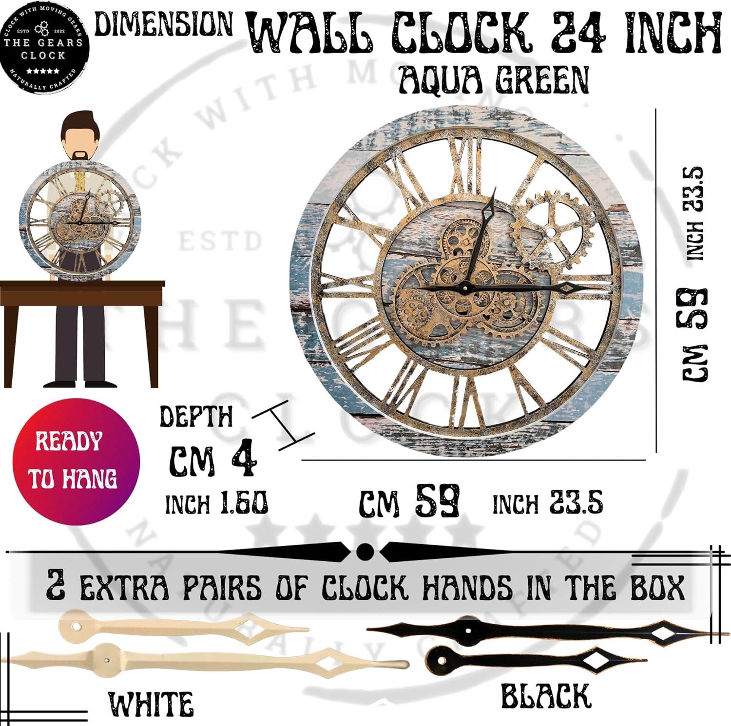 The Gears Clock Wall Clock 24" Round Oversized for Living Room decor with Real Moving Gears America Collection