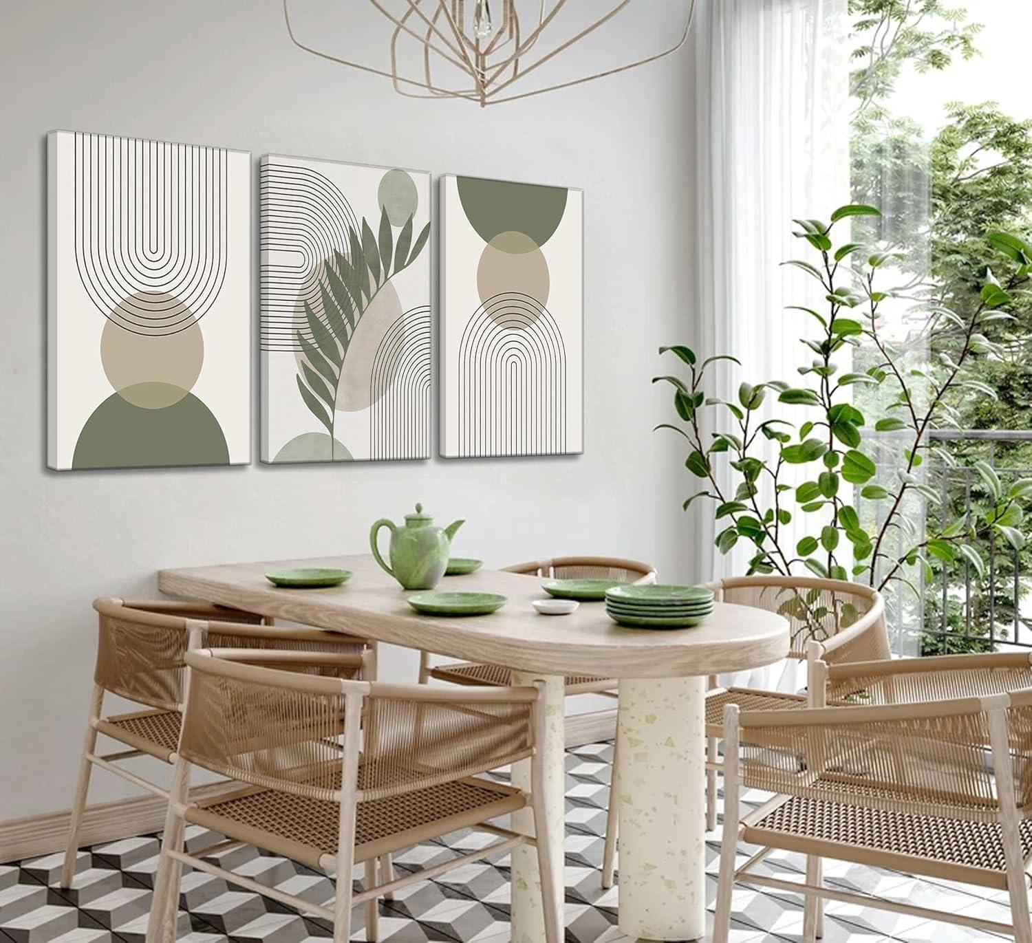 Boho Wall Art, Mid Century Modern Wall Art, Set of 3 Framed Canvas Wall Art Prints 12"x16" Abstract Geometric Neutral Sage Green Boho Artwork Wall Decor for Bedroom Living Room Bathroom