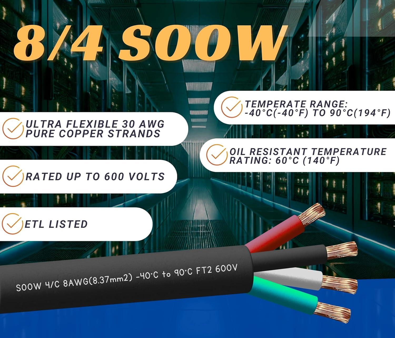 8 Gauge 4 Conductor 10 Feet Black SOOW Cable