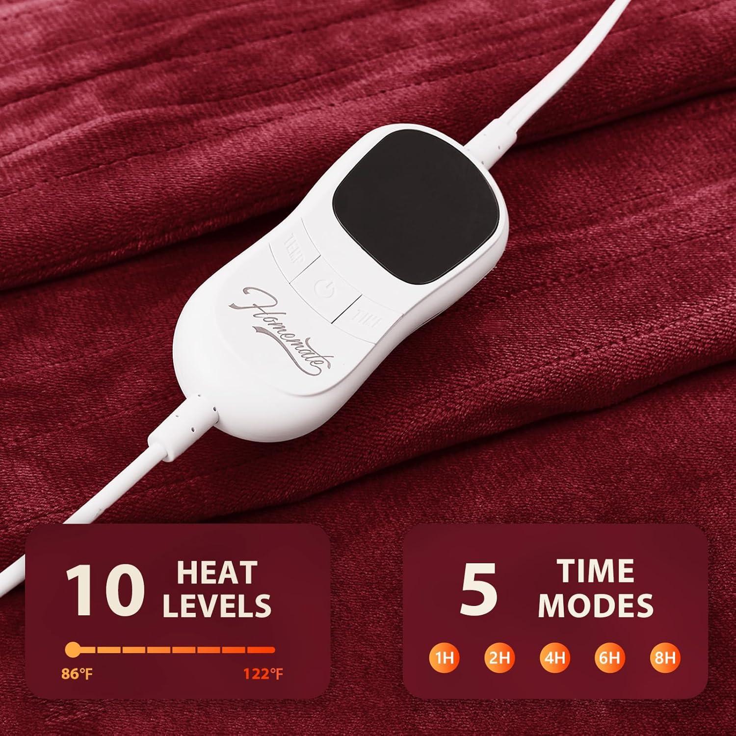 Homemate Heated Blanket Electric Throw - 50"x60" Heating Blanket Throw 1/2/4/6/8 Hours Auto-off 10 Heat Level Heat Blanket Over-heat Protection Flannel Sherpa Heater Blanket Electric ETL Certification
