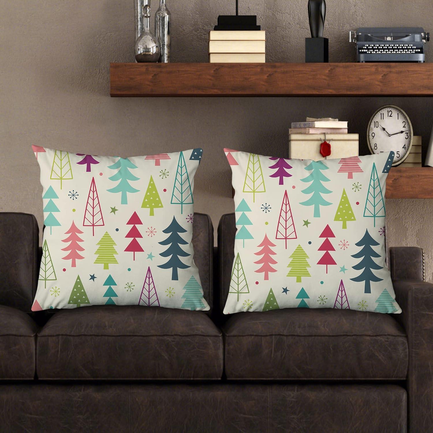 Decorative Throw Pillow Cover Square 18x18 set of 2, Colorful Christmas Tree Cute Winter Holiday Abstract Art Holidays Farmhouse December Home Decor Zippered Pillowcase for Couch Sofa Living Room
