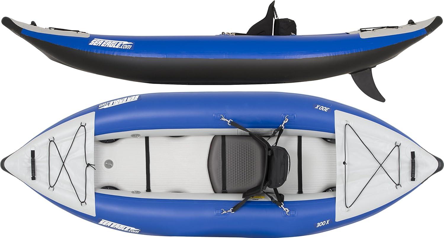 Sea Eagle 300X Explorer Touring, Camping, Fishing & Whitewater Inflatable Kayak, 1 Person, Lightweight, Self-Bailing, High Pressure Drop Stitch Floor -W/Paddle, Seat, SUP Pump, Skeg - Pro Package