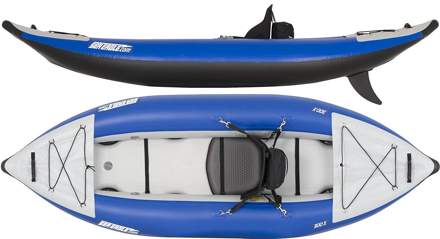 Sea Eagle 300X Explorer Touring, Camping, Fishing & Whitewater Inflatable Kayak, 1 Person, Lightweight, Self-Bailing, High Pressure Drop Stitch Floor-W/Paddle, Seat, Pump, Skeg - Deluxe Package