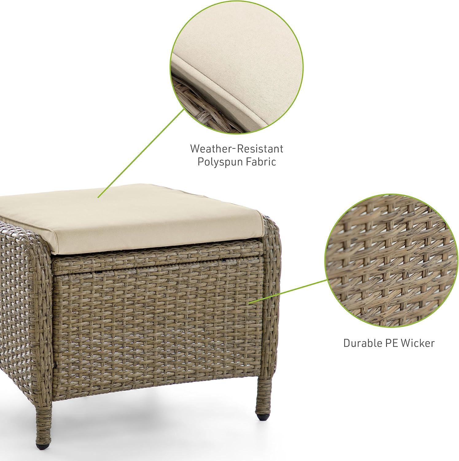 Beige and Natural Brown Wicker Outdoor Ottomans with Cushions, Set of 2