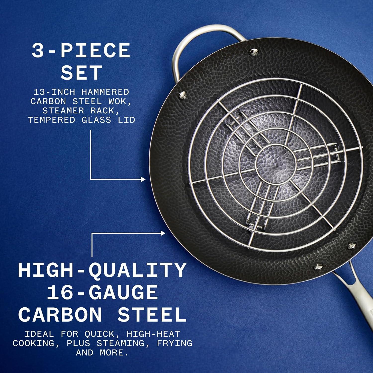 Milk Street 3-Piece 13-Inch Wok Body, Hammered Carbon Steel Flat Bottom Wok, Ideal for Stovetop Cooking