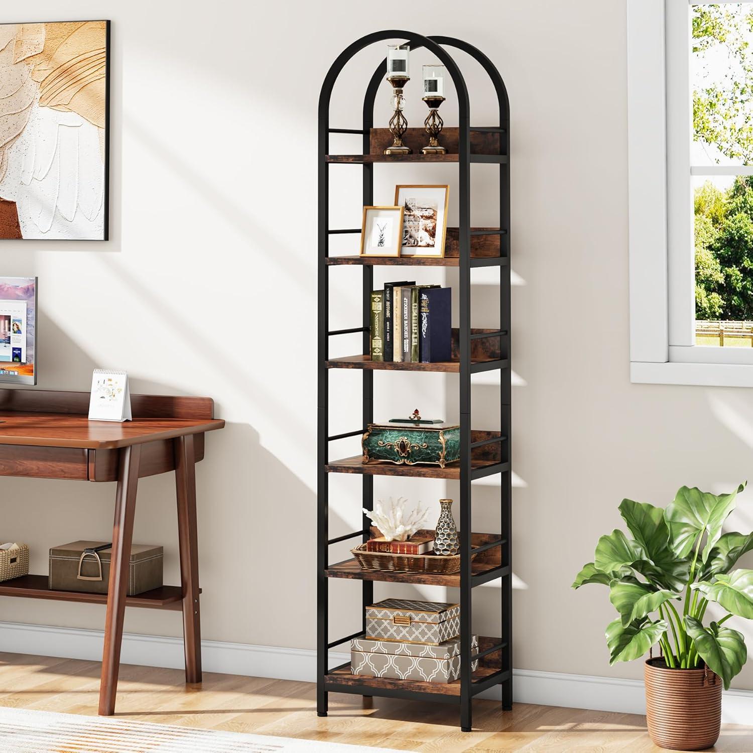 Tribesigns 6-Tier Open Bookshelf, 78.7" Tall Arched Bookcase Narrow Bookshelf, Rustic Brown