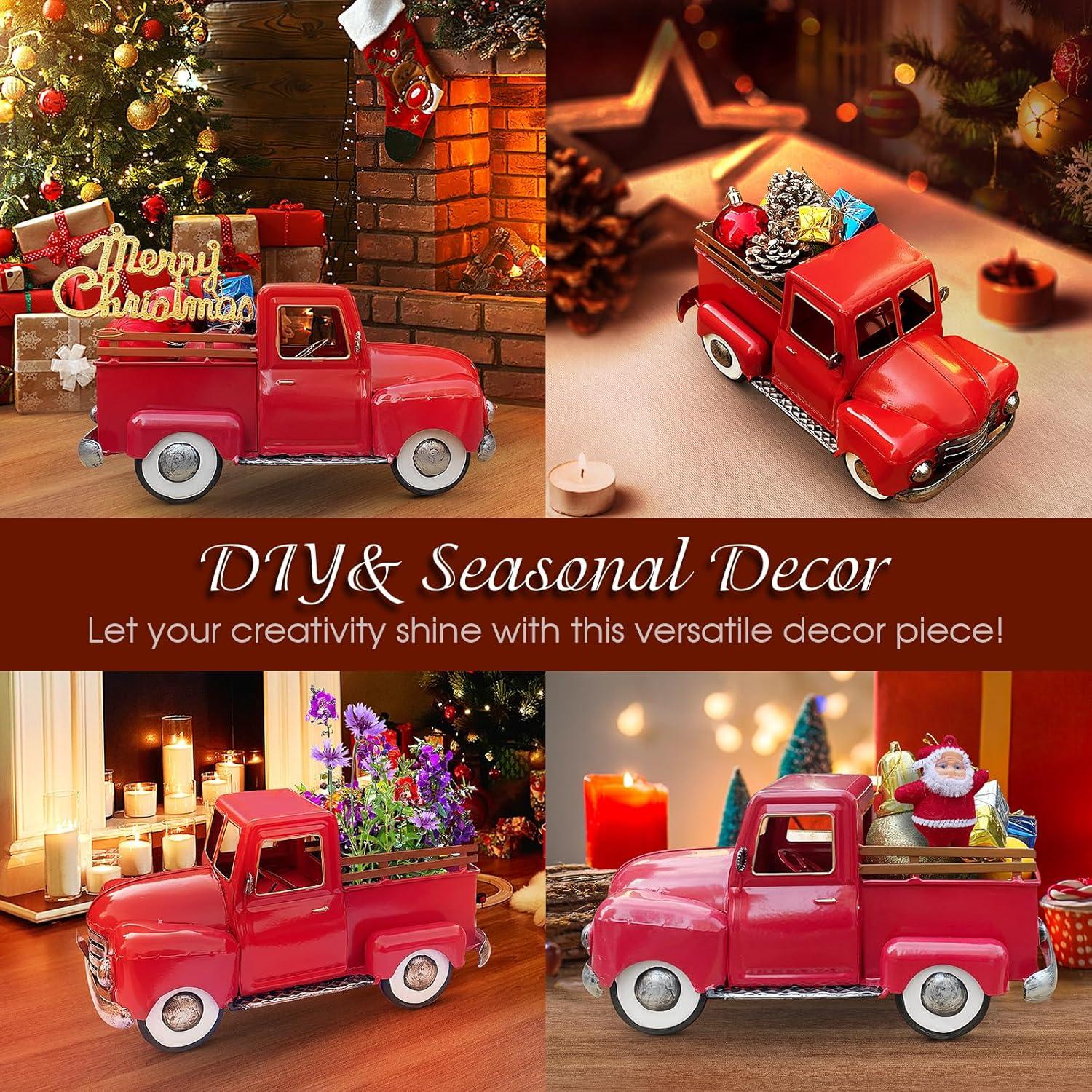 Farmhouse Red Vintage Truck Decor, Home Decorative Christmas Truck, Metal Trucks for Your Kitchen, Bedroom, Office, Living Room, Bathroom, & Holiday Shelf Centerpiece Table Decorations