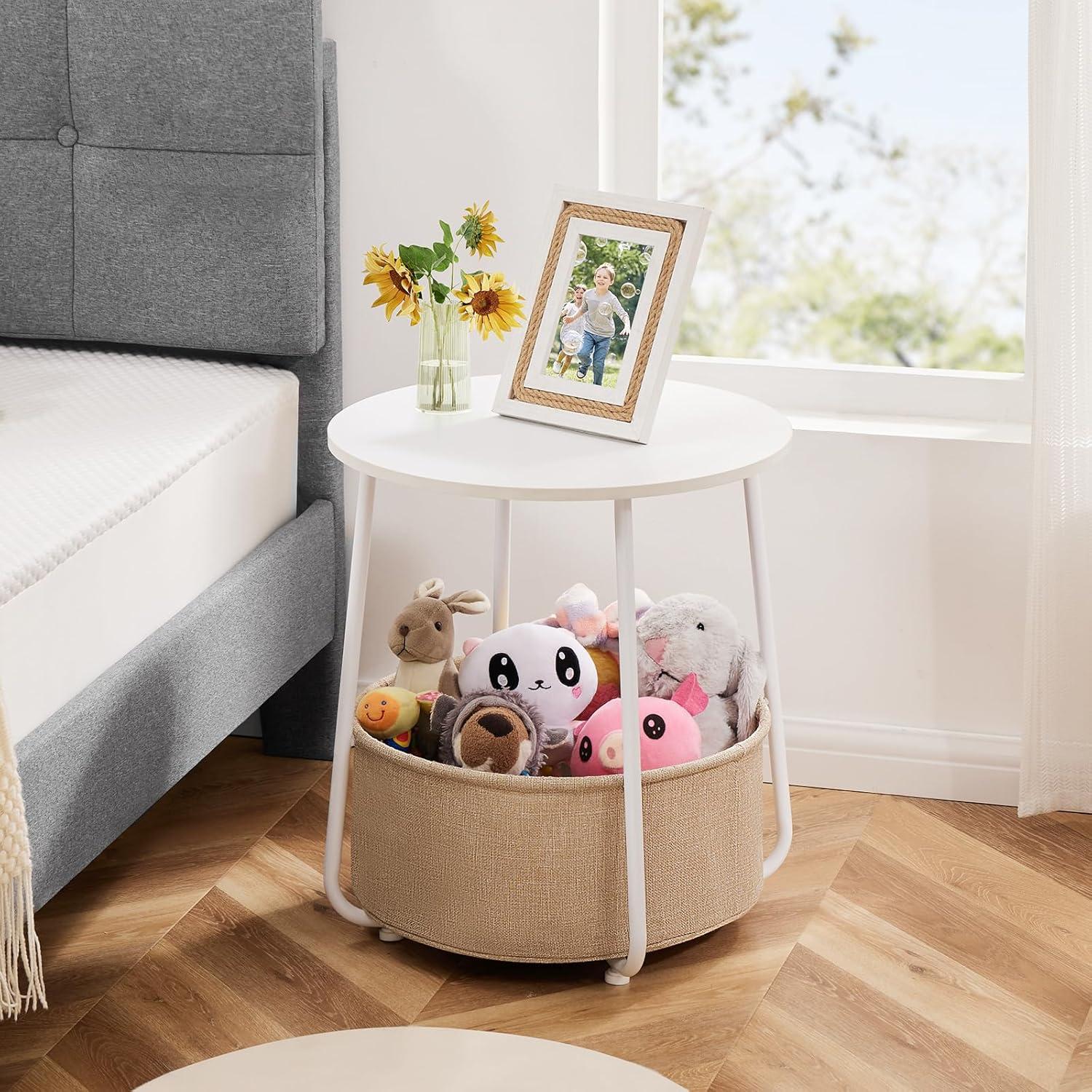 Lorelia Small Round Side End Table Living Room Nightstand Bedside Fabric Baske Table