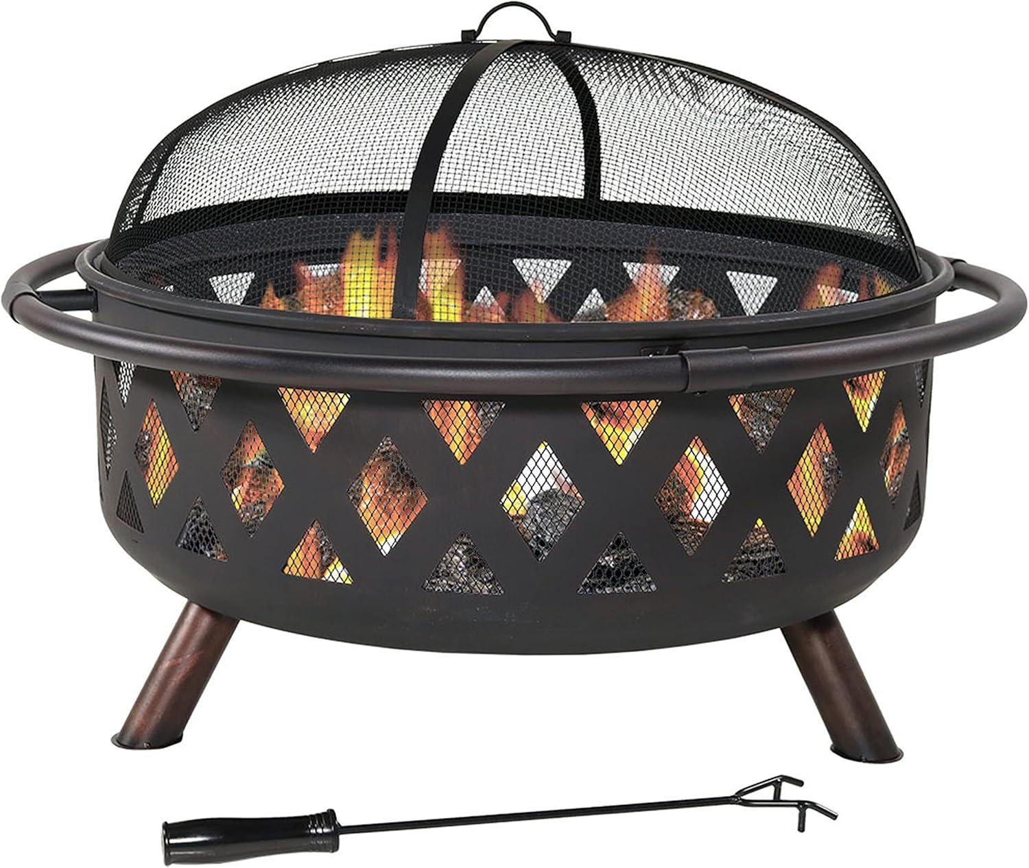 Sunnydaze Crossweave Heavy-Duty Steel Outdoor Fire Pit with Spark Screen, Poker, Grill, and Cover - Black