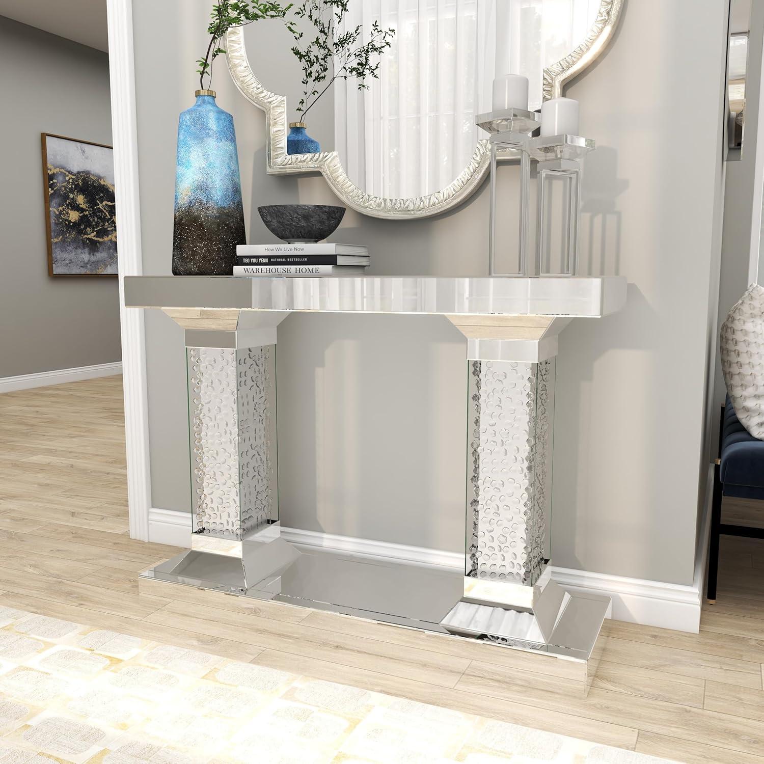 Elegant Silver Mirrored Console Table with Crystal Pillars - 54" Wide