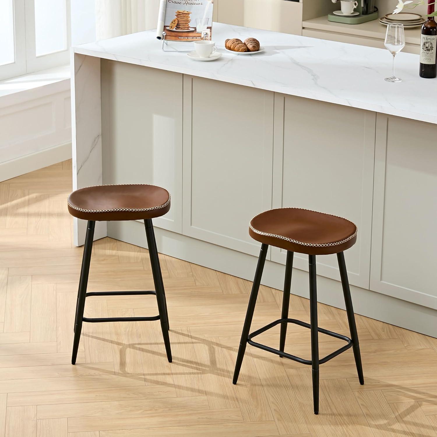 Adjustable Brown Faux Leather Saddle Bar Stools with Metal Legs