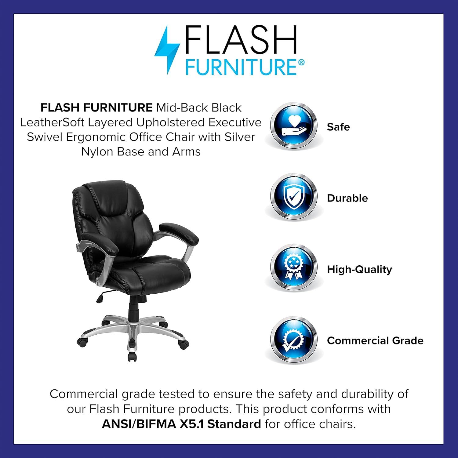 Flash Furniture Heather Mid-Back Black LeatherSoft Layered Upholstered Executive Swivel Ergonomic Office Chair with Silver Nylon Base and Arms