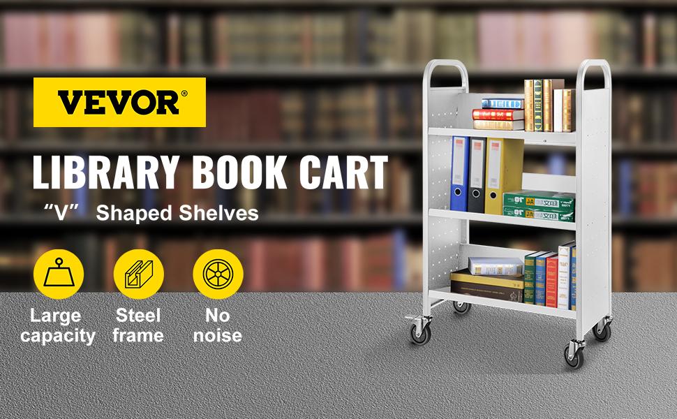VEVOR Book Cart, 200lbs Library Cart, 30x14x49 Inch Rolling Book Cart Single Sided V-Shaped Sloped Shelves with 4 Inch Lockable Wheels, for Home Shelves Office and School Book Truck in Black