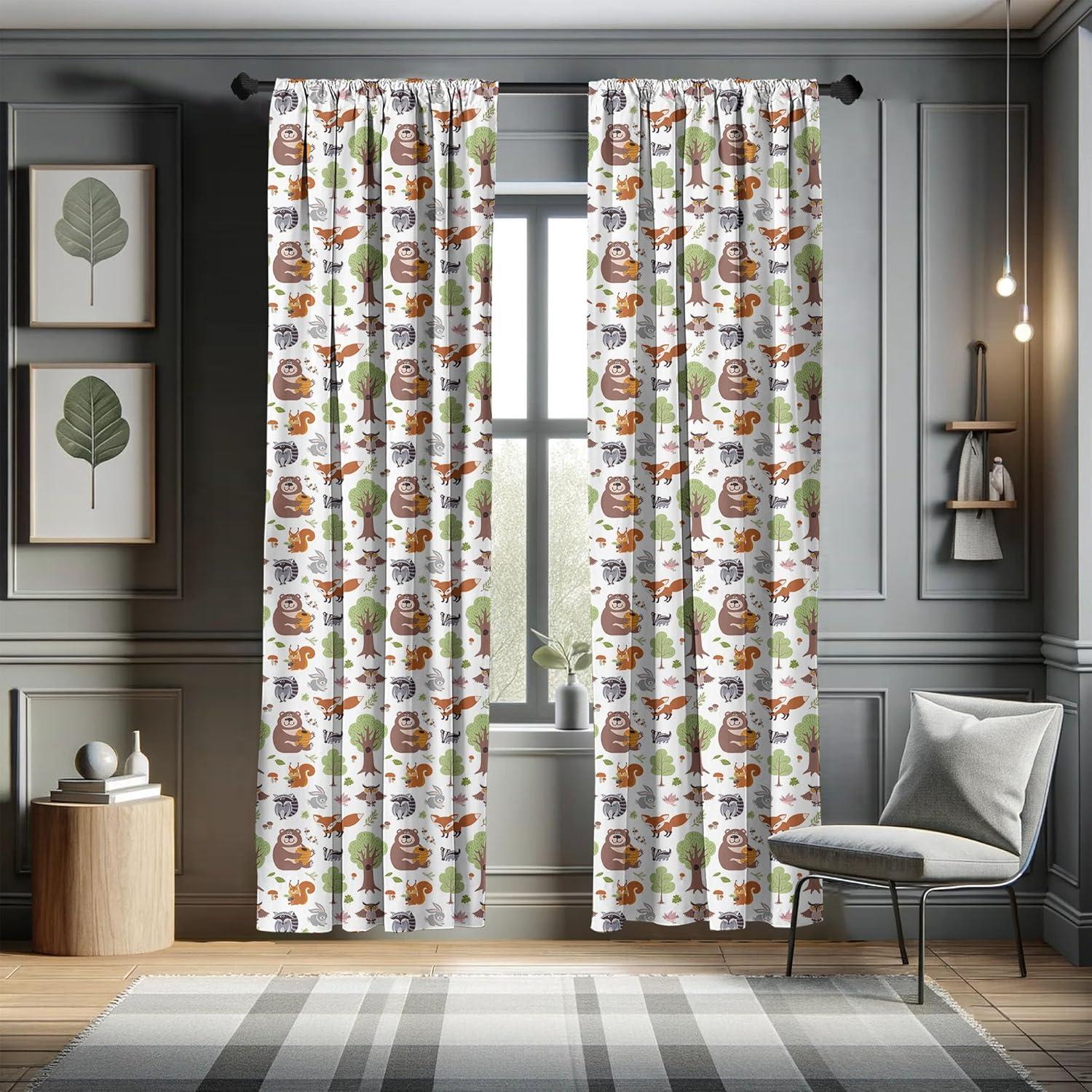 Ambesonne Forest Curtains, Doodle Woodland Animals, Pair of 28"x95", Multicolor