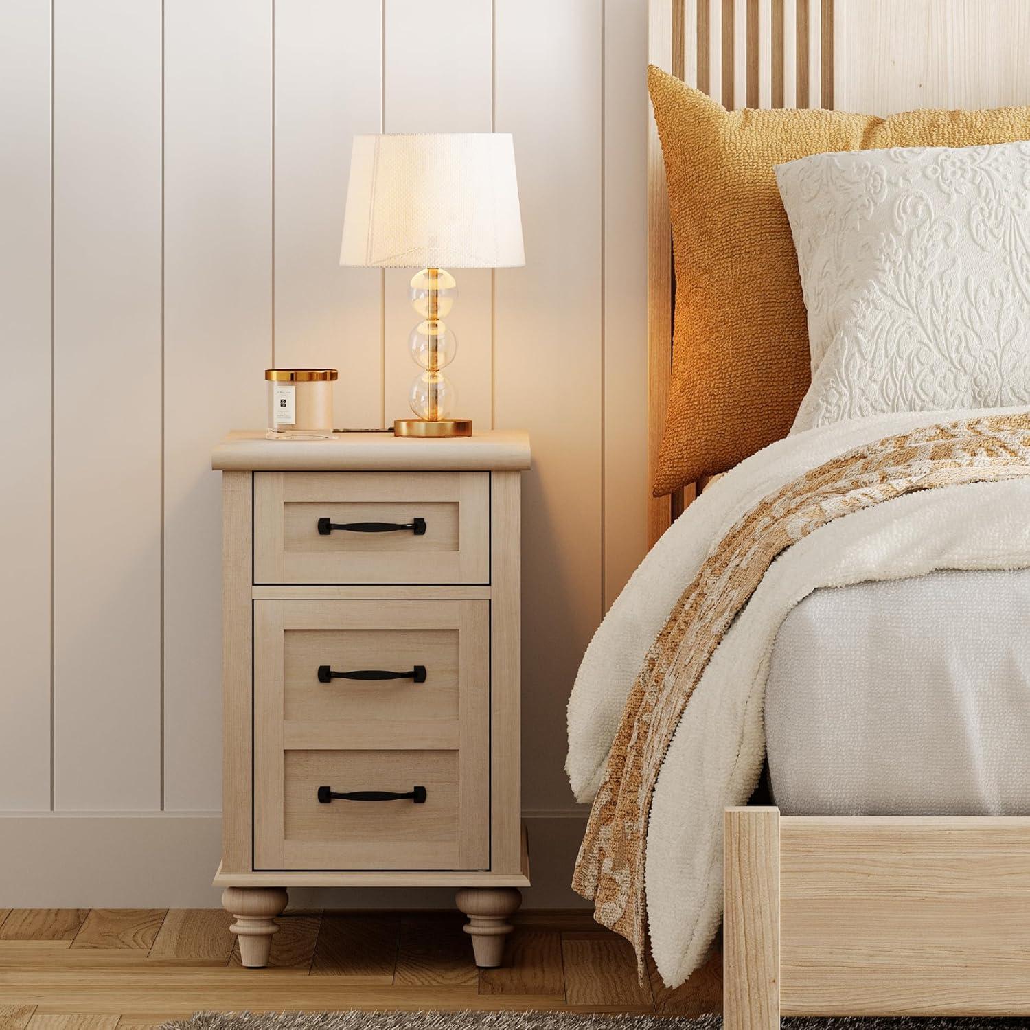 WAMPAT Beige End Table with Charging Station, Narrow Side Table with 1 Drawer &1 Storage Cabinet, Mid Century Modern Nightstand with Power Outlets & USB Ports for Living Room, Bedroom