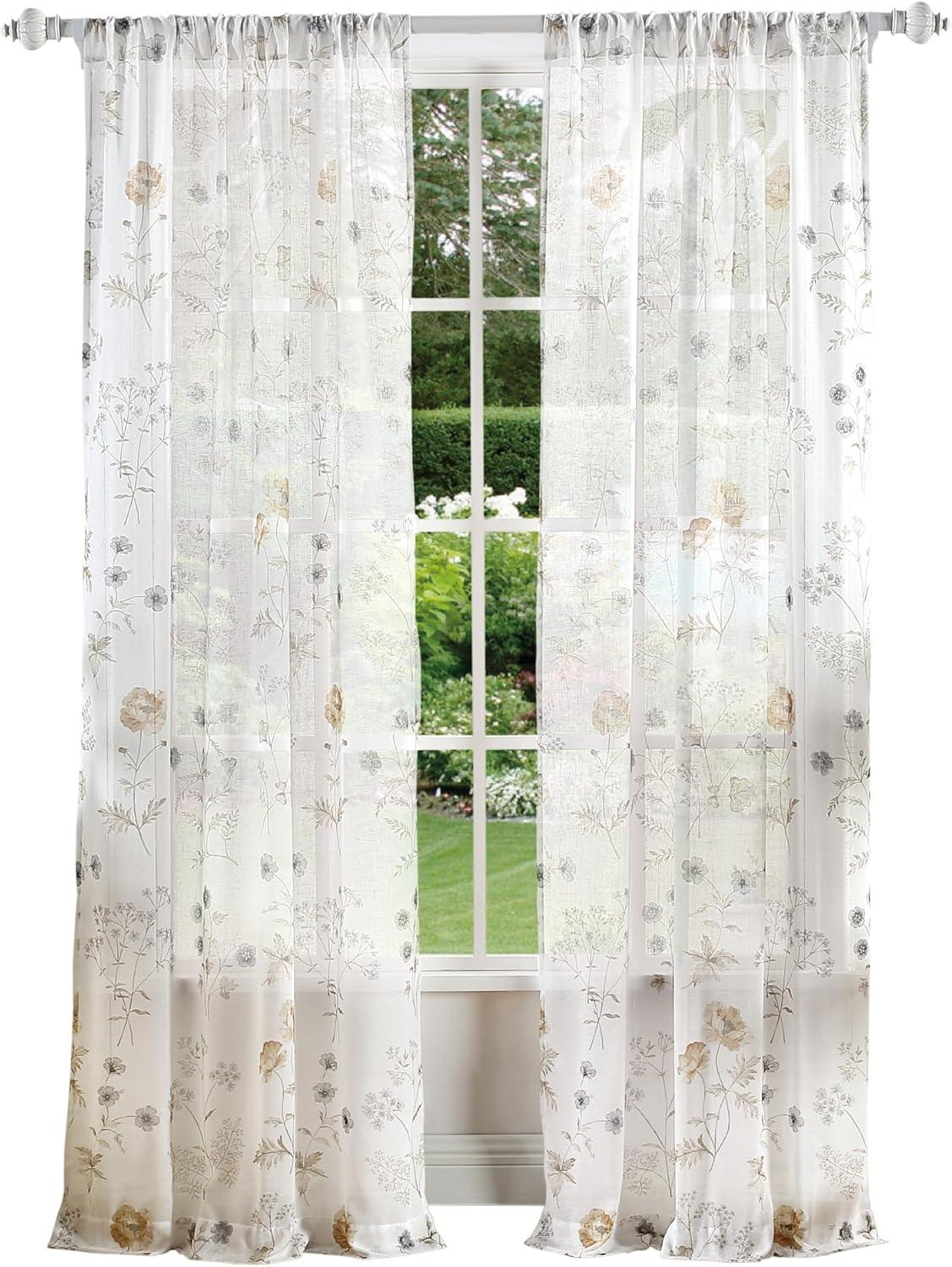 Marthas Garden Floral Semi-Sheer Rod Pocket Curtain Panel Pair (Set of 2)