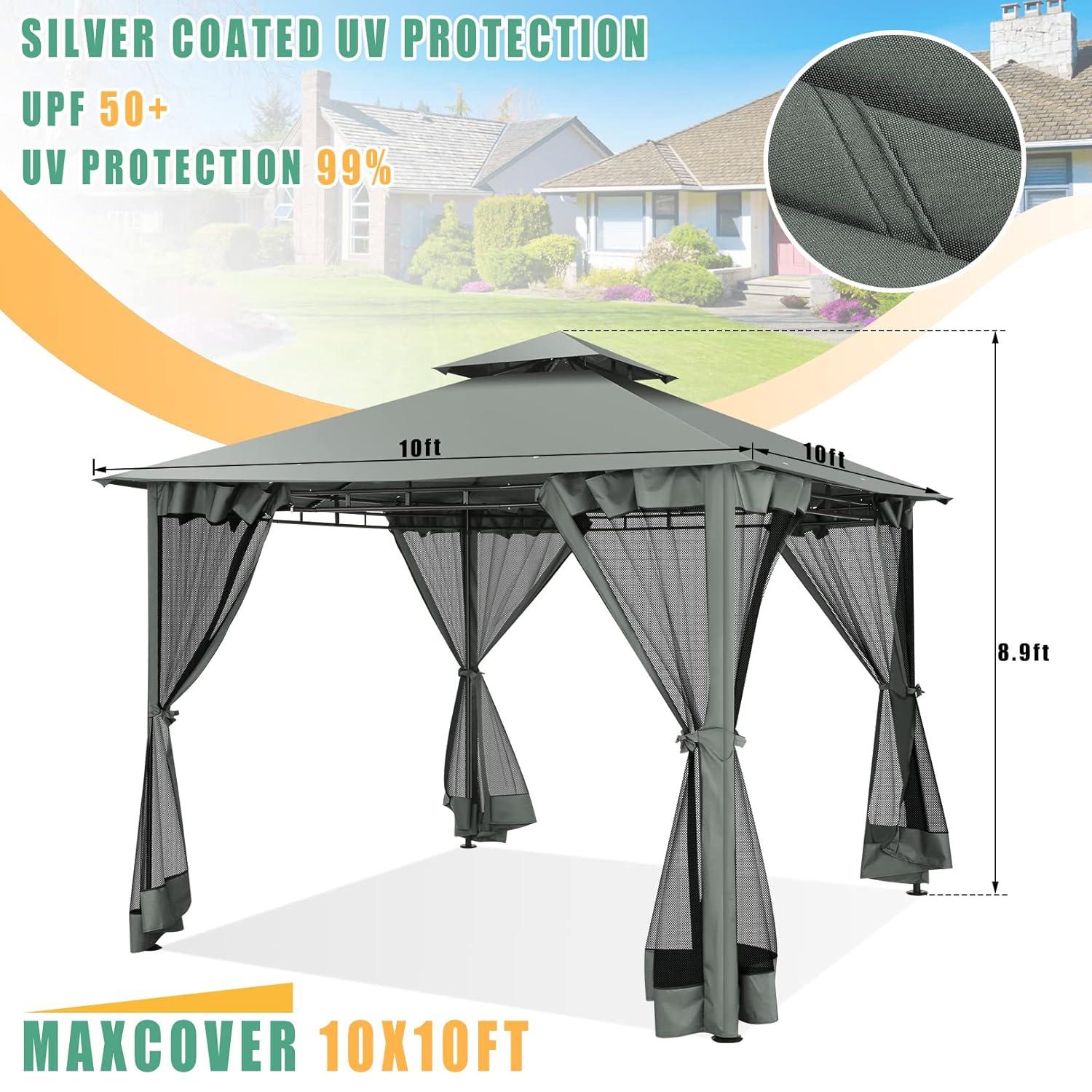 HOTEEL 10x20 Gazebo on Clearance, Outdoor Gazebo Tent with Mosquito Netting and Ventilated Double Flat Roof, Easy Set up Canopy Tent with Stable Metal Frame for Patio, Khaki (Upgraded 2.0)