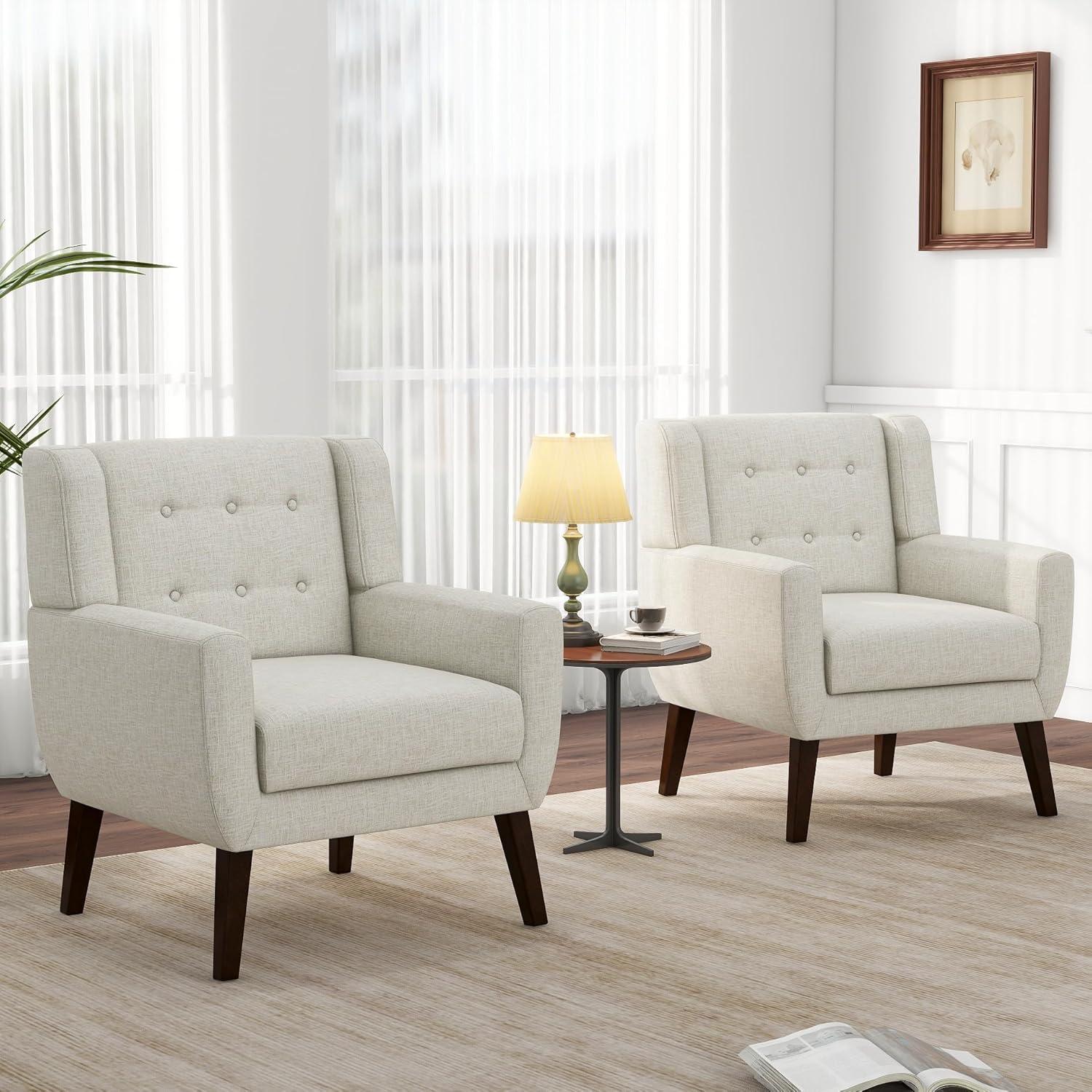 UIXE Beige Accent Chair Set of 2, Linen Fabric Armchair for Living Room, Modern Arm Chairs