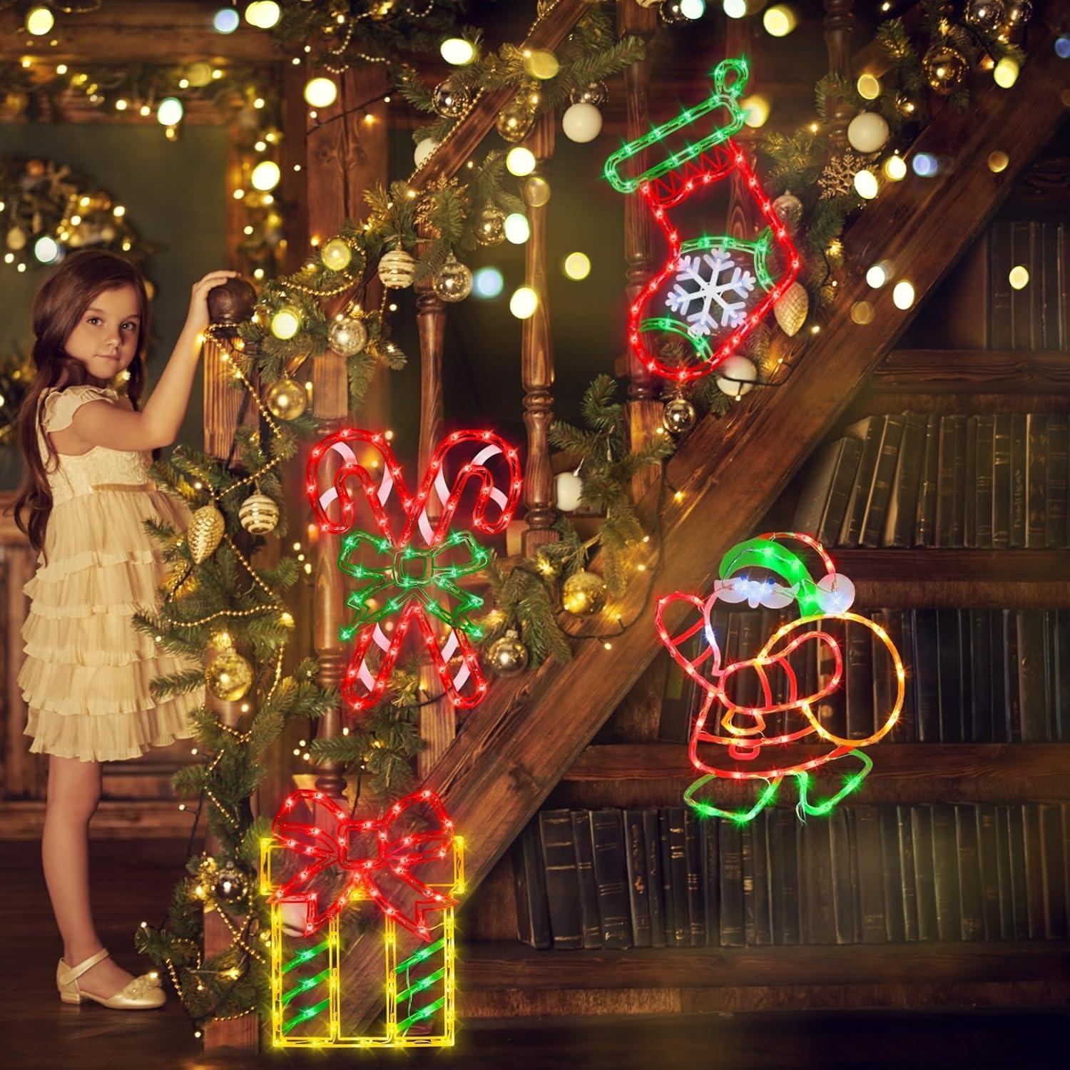 16 Inch Christmas Window Silhouette Lights Decorations, 4 Pack Waterproof Window Hanging Lights Elk, Christmas Tree, Santa Claus, Wreaths for Party, Home Indoor Outdoor Wall - 200 Mini Bulbs