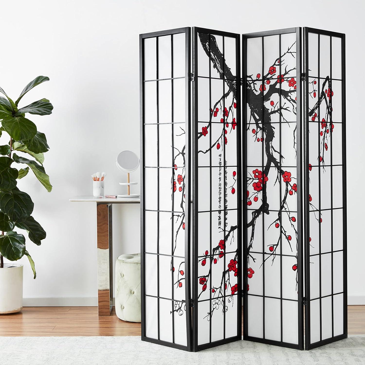 Roundhill Furniture Black Japanese 4-Panel Screen Room Divider, Plum Blossom