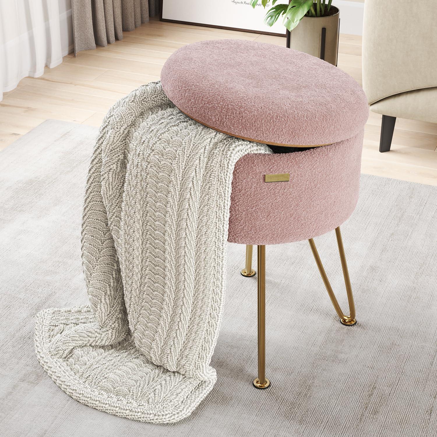 StorageBud Round Ottoman with Storage, Boucle Storage Ottoman, Modern Foot Stool Ottoman for Living Room and Bedroom, Pink/Gold Legs