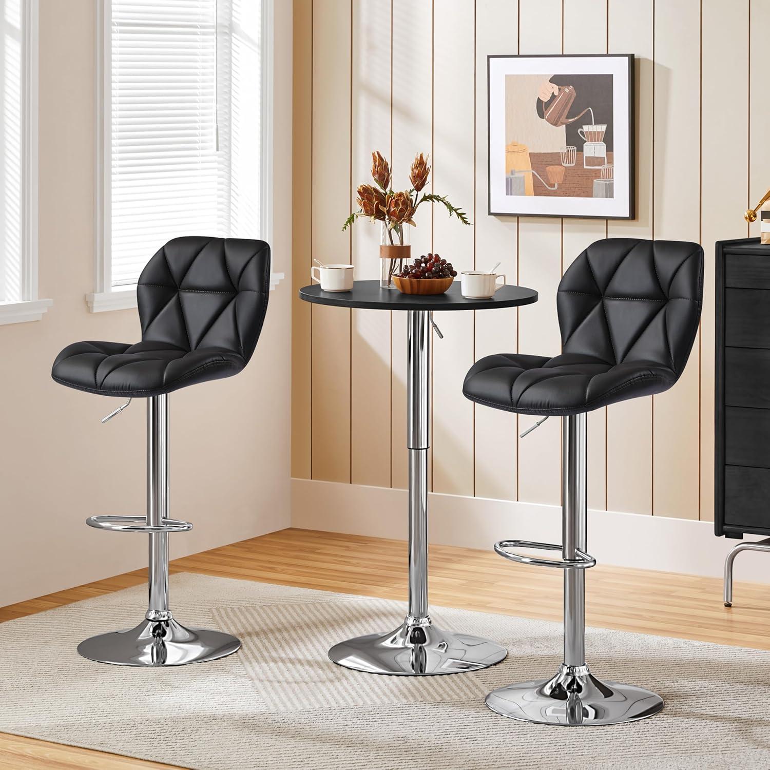 Modern Black Faux Leather Adjustable Swivel Bar Stools, Set of 2