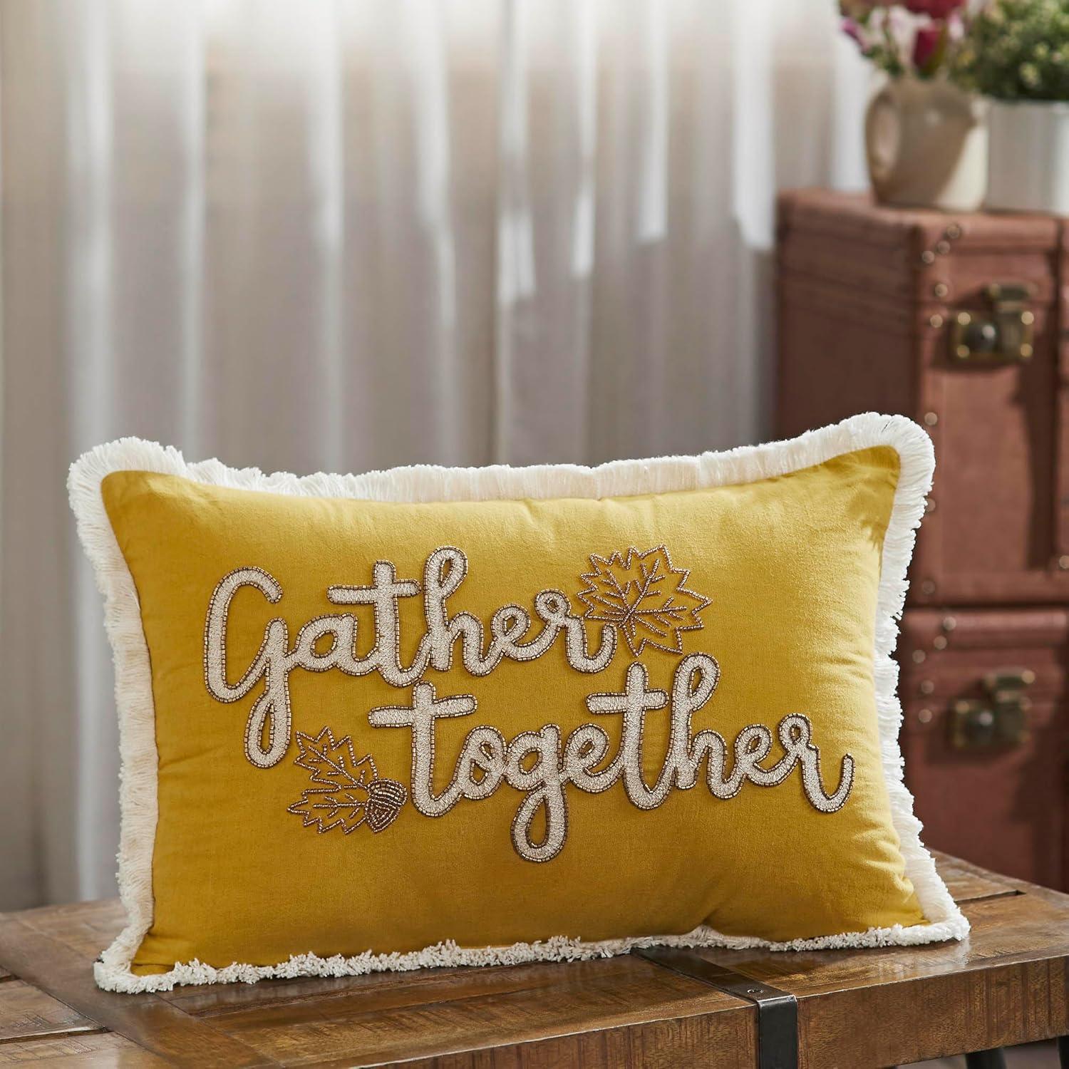 Gather Together Yellow Embroidered Cotton Blend Throw Pillow