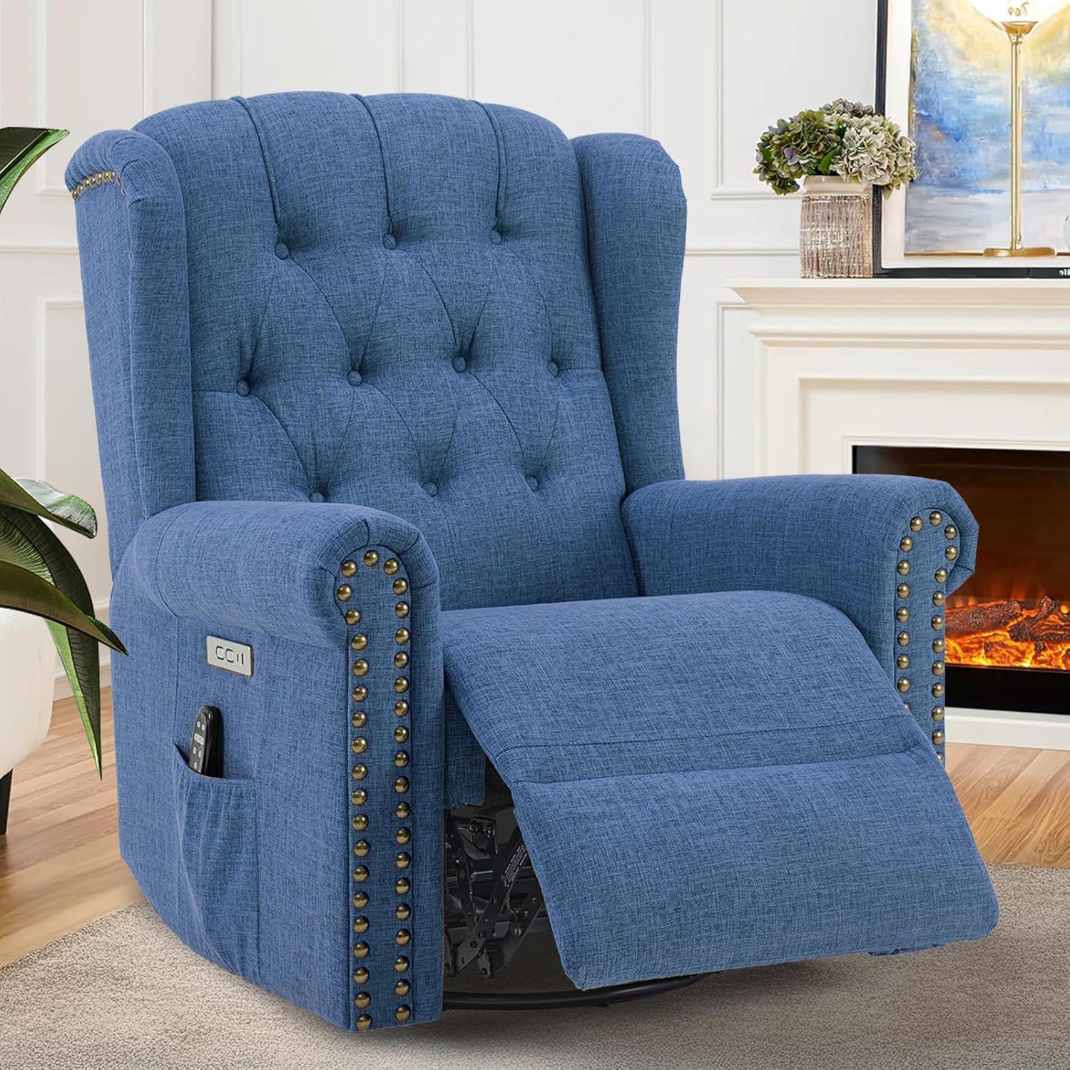 MEETWARM Meetwarm Power Swivel Rocking Glider Recliner Chair With Heat And Vibration, Electric Rocker Nursery Reclining Chair, Wingback Tufted Upholstered Recliner For Living Room, Type-C & Usb Ports