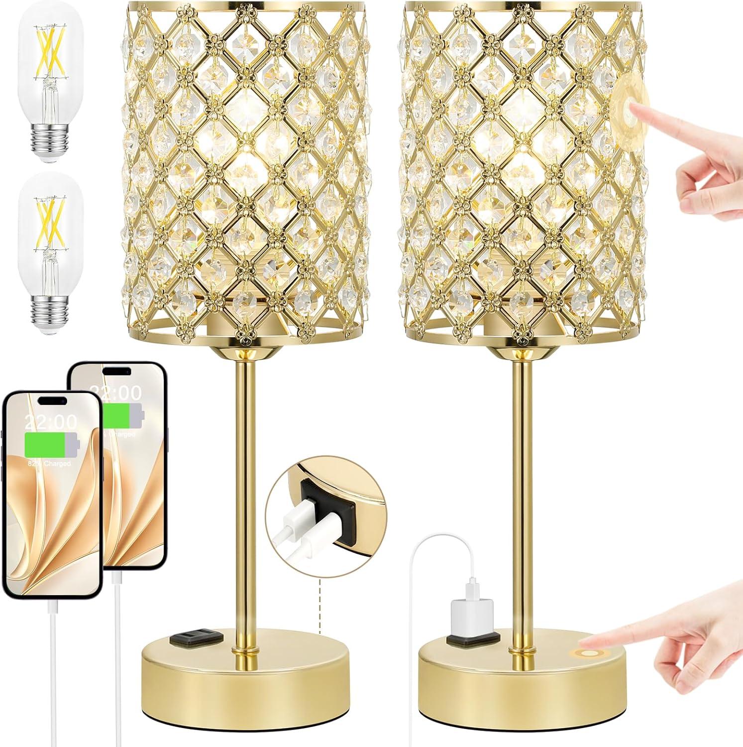 Crystal Touch Control Table Lamp - Dimmable Bedside Lamp with USB-C+A and AC Charging Ports, 3-Way USB Gold Lamp, Desk Light for Bedroom, Living Room, Home Office (Bulb Included, Set of 2)