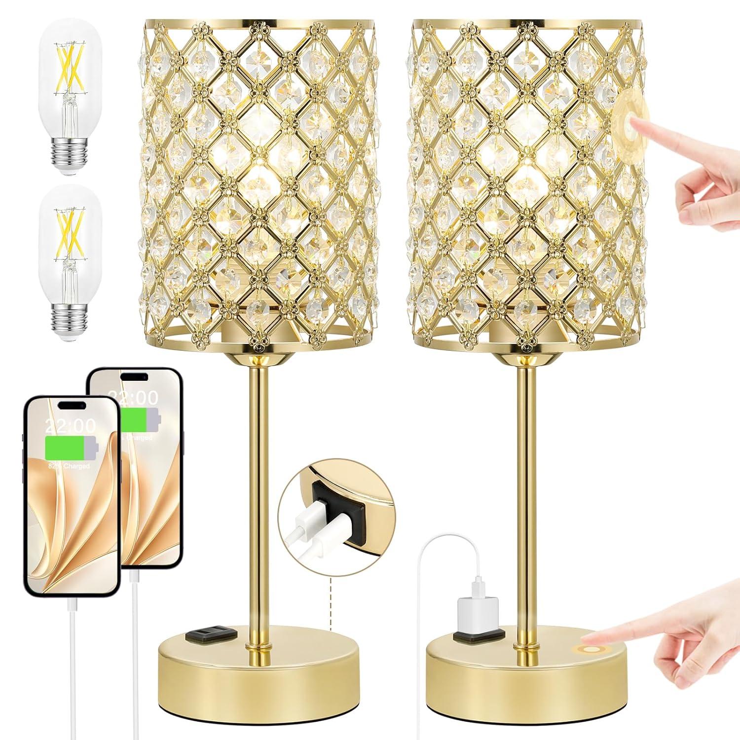 Crystal Touch Control Table Lamp - Dimmable Bedside Lamp with USB-C+A and AC Charging Ports, 3-Way USB Gold Lamp, Desk Light for Bedroom, Living Room, Home Office (Bulb Included, Set of 2)
