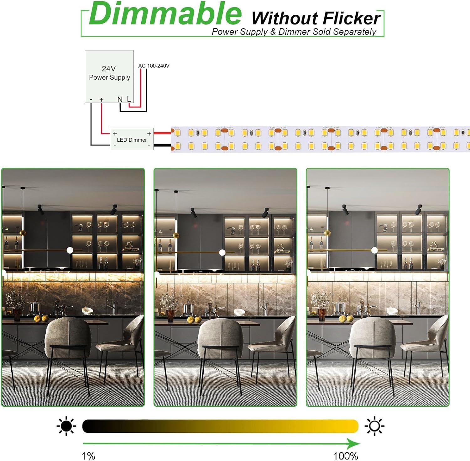 JOYLIT 24V LED Strip Warm White 3000K Dual Row 272LEDs/M 16.4FT, UL Listed Pro 792LM/FT CRI 92+ Dimmable Tape Lights 120W, 13000LM Ultra Bright Task Light Strip for Commercial, Home
