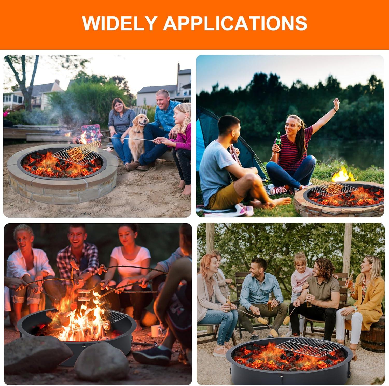 36 inch Outdoor Fire Pit Liner Round Solid Steel Fire Ring with Cooking Grate