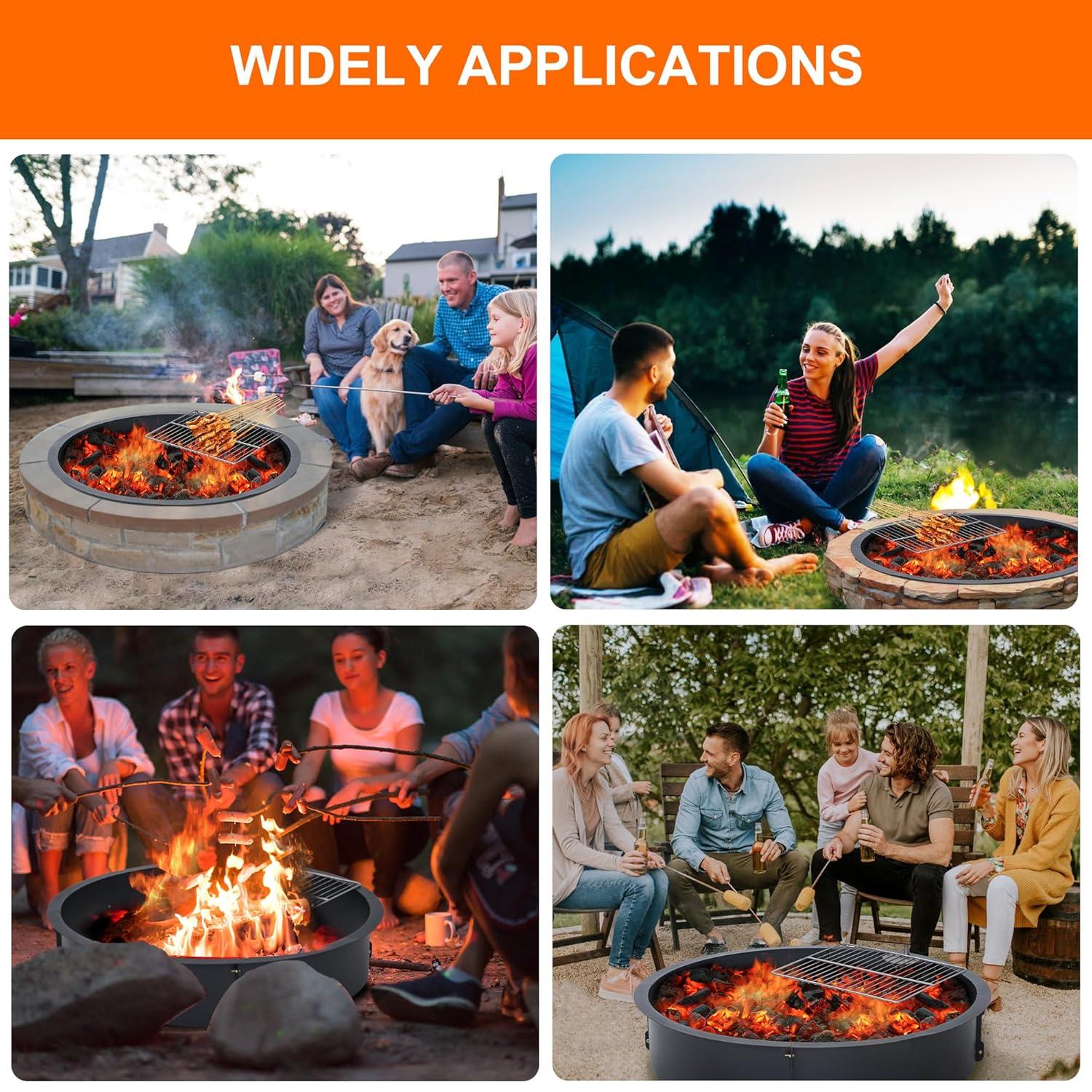 36 inch Outdoor Fire Pit Liner Round Solid Steel Fire Ring with Cooking Grate